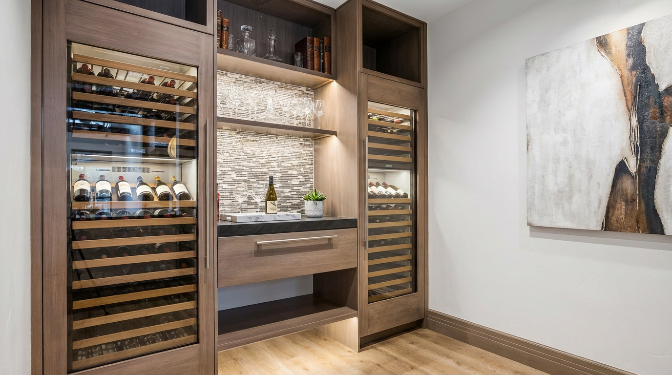This is an interior shot of a wine cellar featuring built-in wine coolers with glass doors displaying bottles of wine on wooden racks. Above the counter space is an illuminated tiled backsplash and glass shelving showcasing wine glasses, adding to the upscale ambiance. The overall design is sophisticated and highlights the wine storage and display capabilities, emphasizing luxury and functionality.