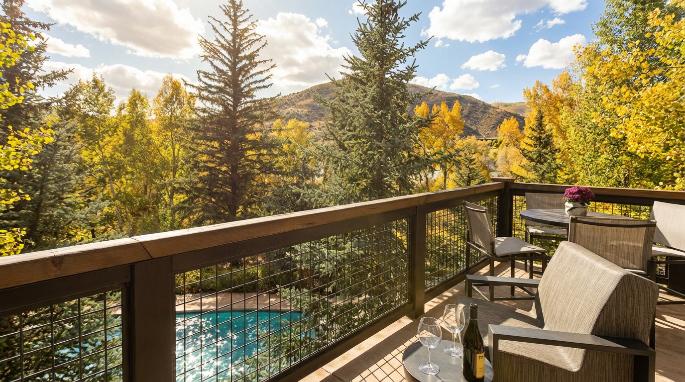 This image showcases an inviting deck area with outdoor seating and a view of lush greenery and a mountain in the background. A swimming pool is visible below the deck railing. The presence of a bottle of wine and glasses suggests relaxation and leisure, enhancing the appeal of the outdoor living space.