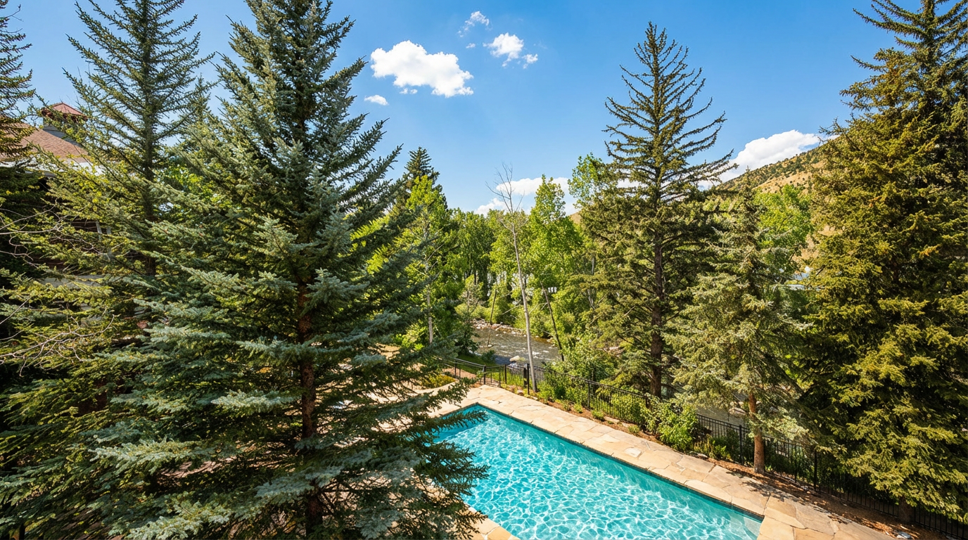This image showcases a rectangular in-ground pool with turquoise water, framed by a stone patio and surrounded by mature trees. The pool area offers a serene and private setting, suggesting a relaxing outdoor living space. The trees provide shade and enhance the natural beauty of the property.