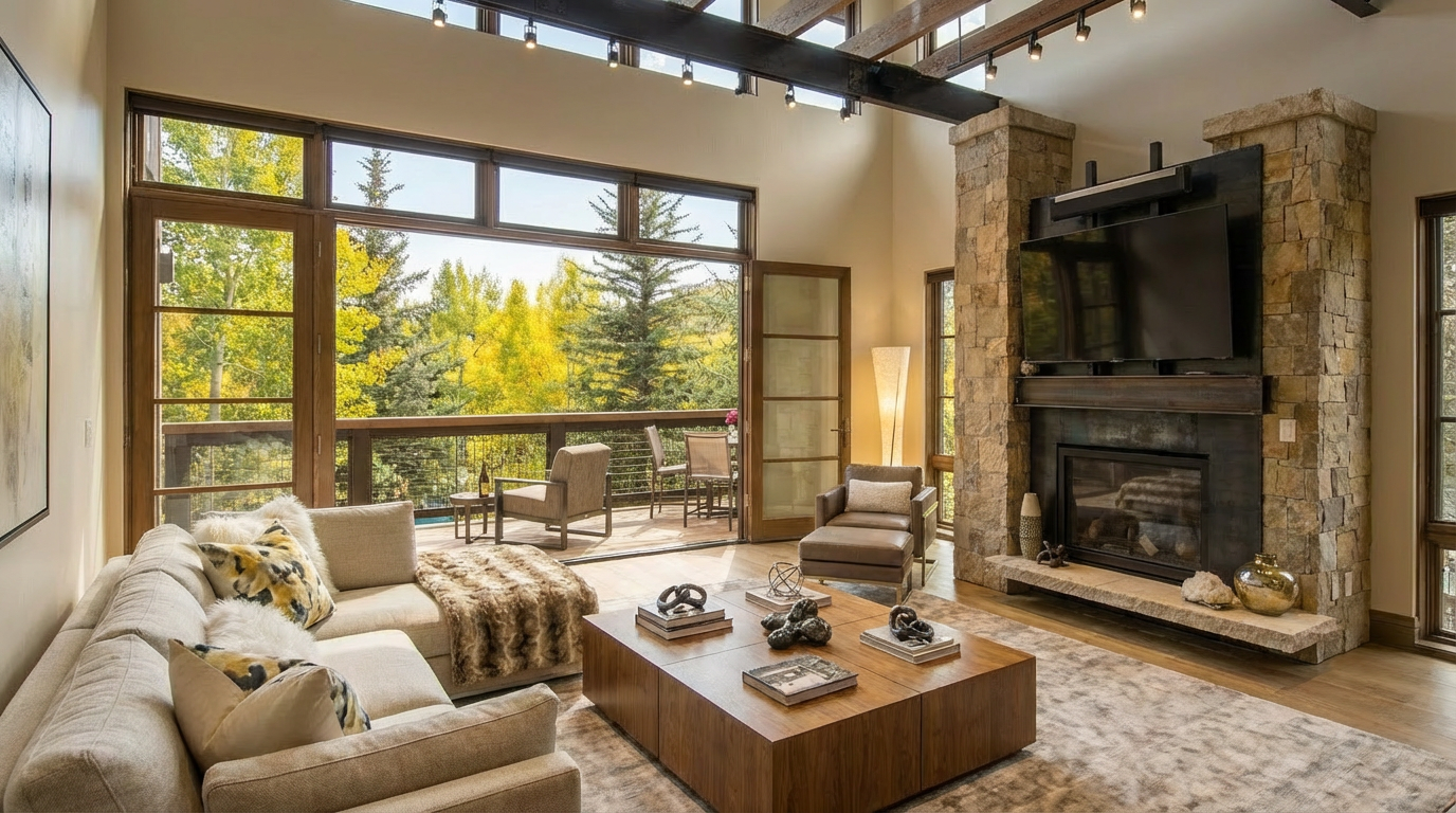 This is an inviting living room featuring a stone fireplace with a mounted television, a comfortable sectional couch, and a wooden coffee table. Large windows and a sliding glass door provide ample natural light and access to a balcony with scenic views of the surrounding nature. The overall style is luxurious and cozy creating a relaxing atmosphere.