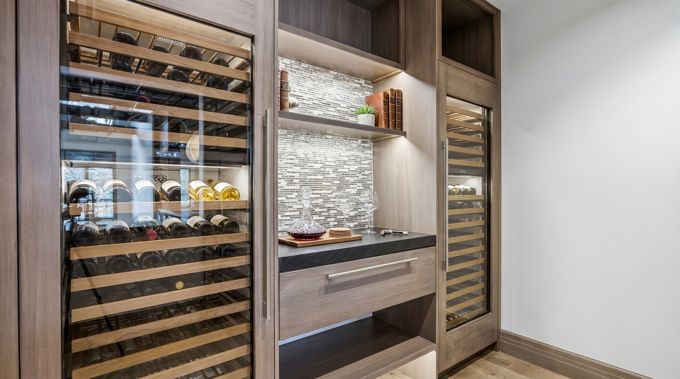 This image showcases a stylish wine cellar setup with two integrated wine refrigerators framing a central shelving unit. The unit features a countertop for wine preparation and storage for glassware and accessories. The overall design is elegant and functional, perfectly suited for real estate targeting wine enthusiasts.