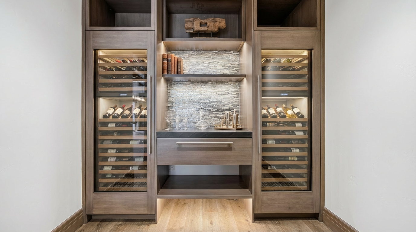 This is a well-organized wine storage area integrated into a living space. The unit features built-in wine coolers showcasing various wine bottles, complemented by shelving for decorative items and wine accessories. The illuminated shelving and wooden finishes add a touch of elegance and sophistication to the area.