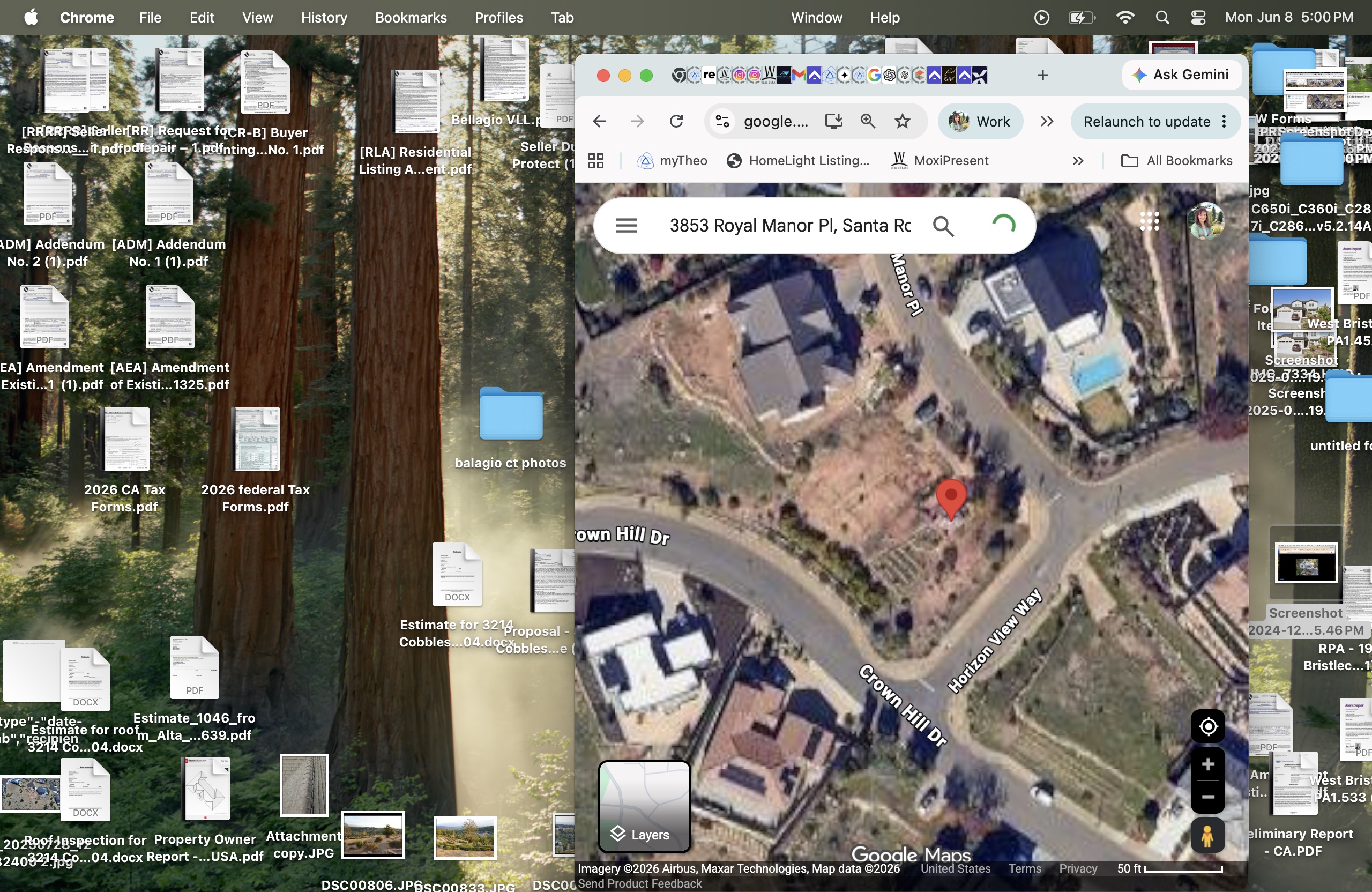 This image displays a digital satellite map view of a residential property located at 3853 Royal Manor Place in Santa Rosa. The perspective is a top-down aerial view, clearly showing the house footprint, surrounding driveway, and the intersection of local streets including Crown Hill Drive and Horizon View Way. The map interface includes navigation tools, a search bar, and a small inset map in the corner, providing a clear geographic context for the property's location.