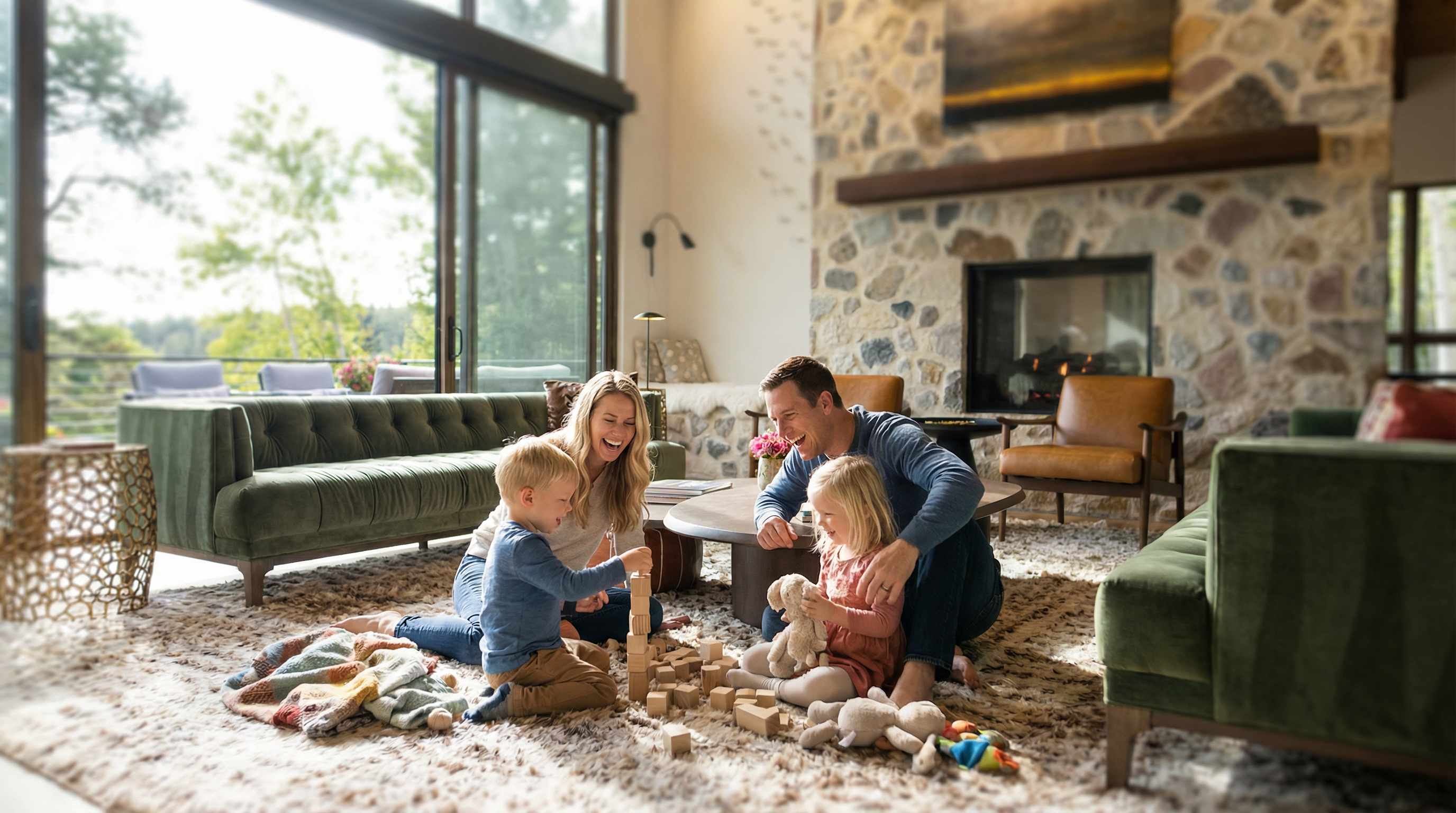 This is an inviting living room featuring a stone fireplace, plush rug, and comfortable green sofas. A large window provides natural light and views of the outdoors. The space is designed for family relaxation and entertainment, making it an appealing focal point for potential buyers.