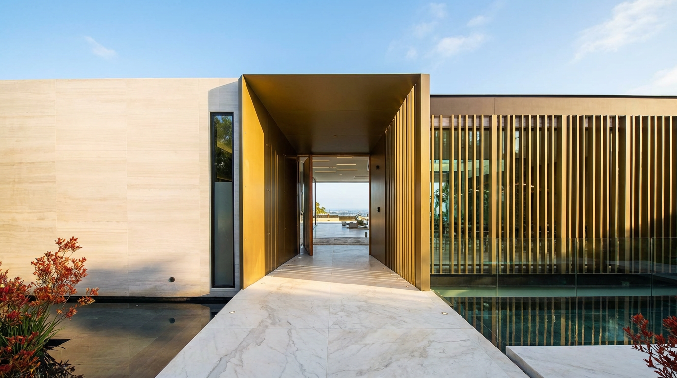 The image showcases a stunning entryway to a modern residence. A pathway of marble tiles leads through a grand, bronze-clad entrance; the building combines sleek stone elements with vertical bronze louvers. The design emphasizes luxury and sophistication, creating a strong first impression for potential buyers.