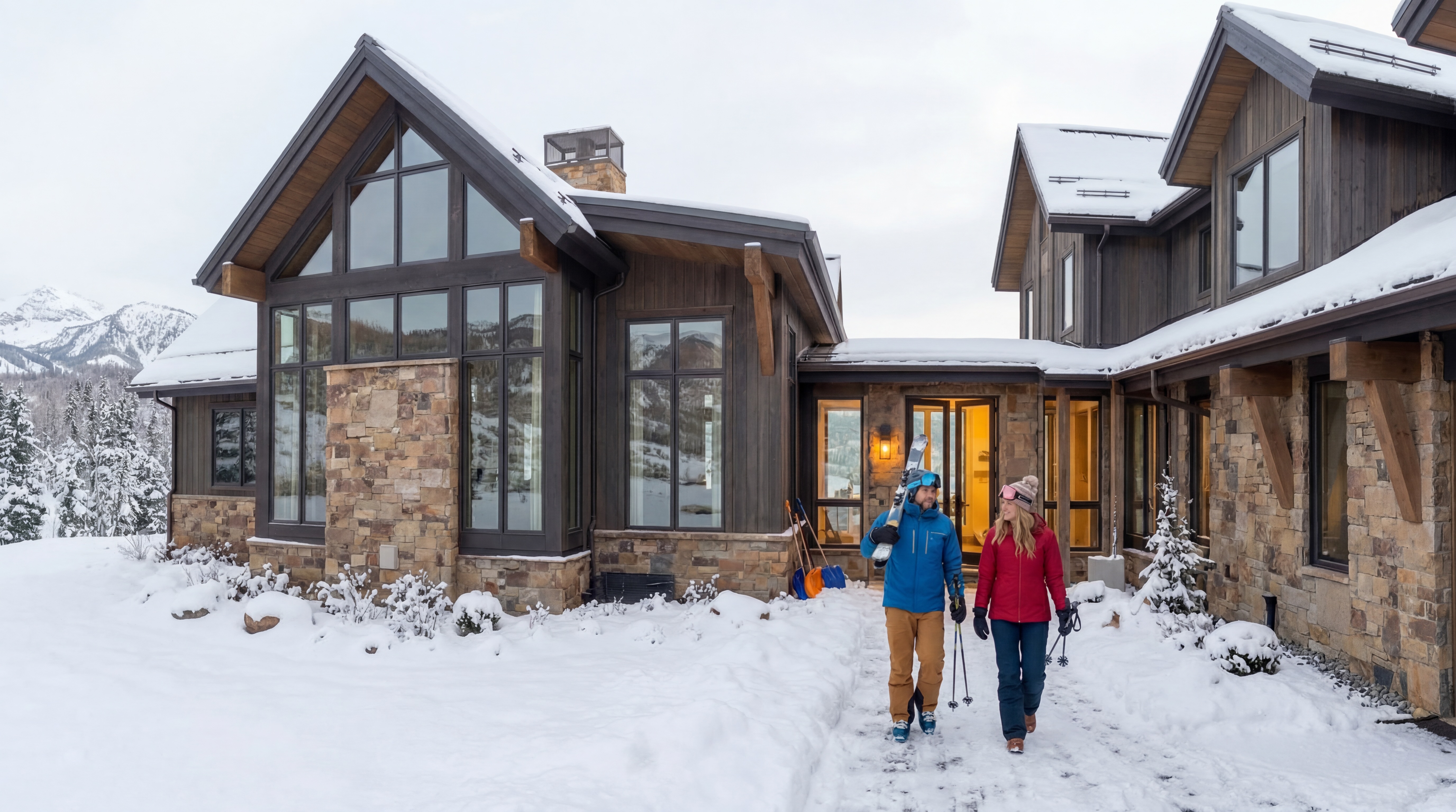 This stunning mountain-style home showcases a beautiful combination of natural stone and dark wood siding, perfectly suited for a ski resort environment. The property features large, expansive windows that flood the home with light and a spacious entryway where a couple is seen arriving with ski gear. The overall impression is one of high-end, cozy luxury with breathtaking snowy mountain vistas.