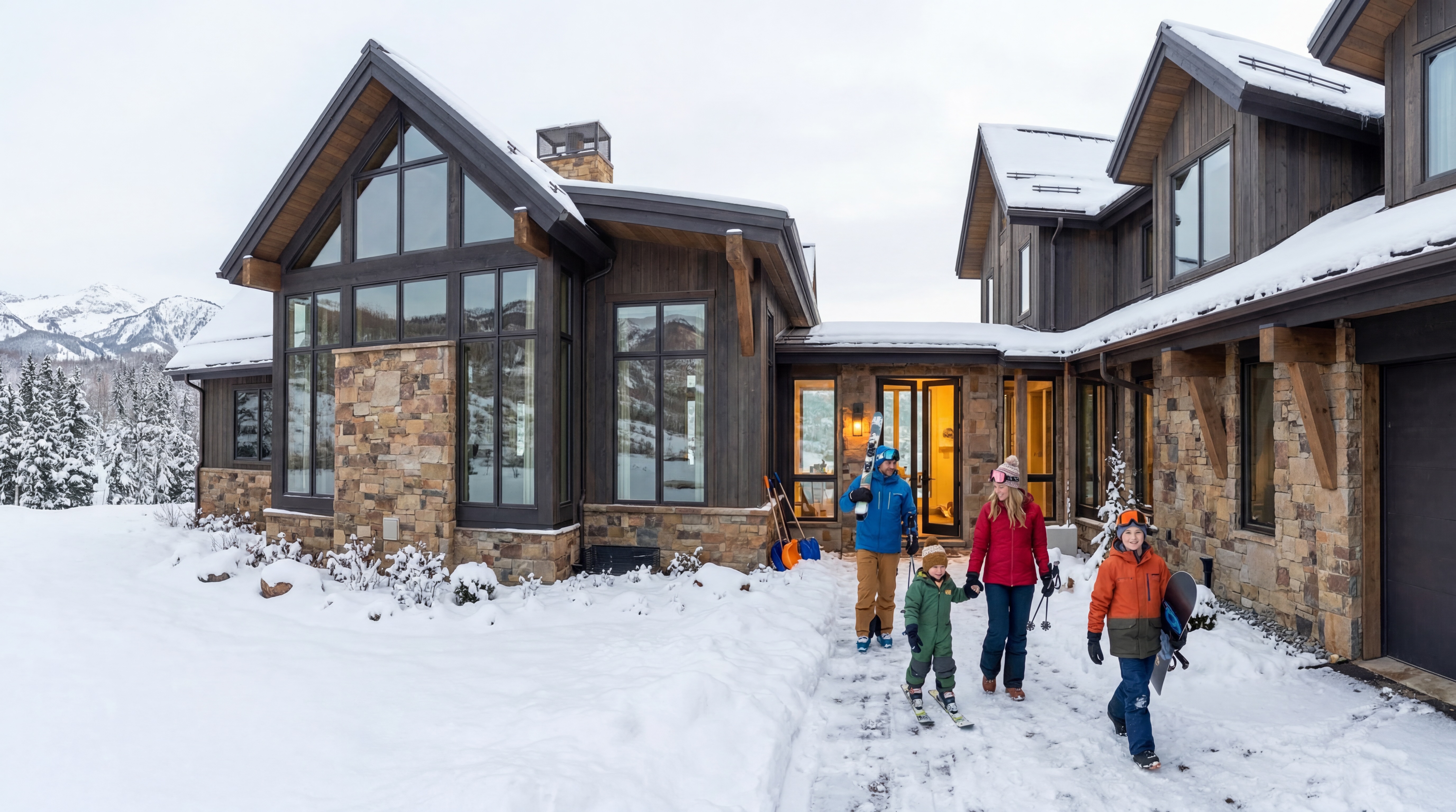 This is a luxurious, modern mountain home featuring a beautiful mix of dark wood siding and natural stone masonry. The entryway shows a family preparing for a day of skiing, highlighting the property's prime location for winter sports in a snowy, scenic setting. Large, expansive windows and warm interior lighting create a welcoming and high-end atmosphere ideal for a mountain retreat.