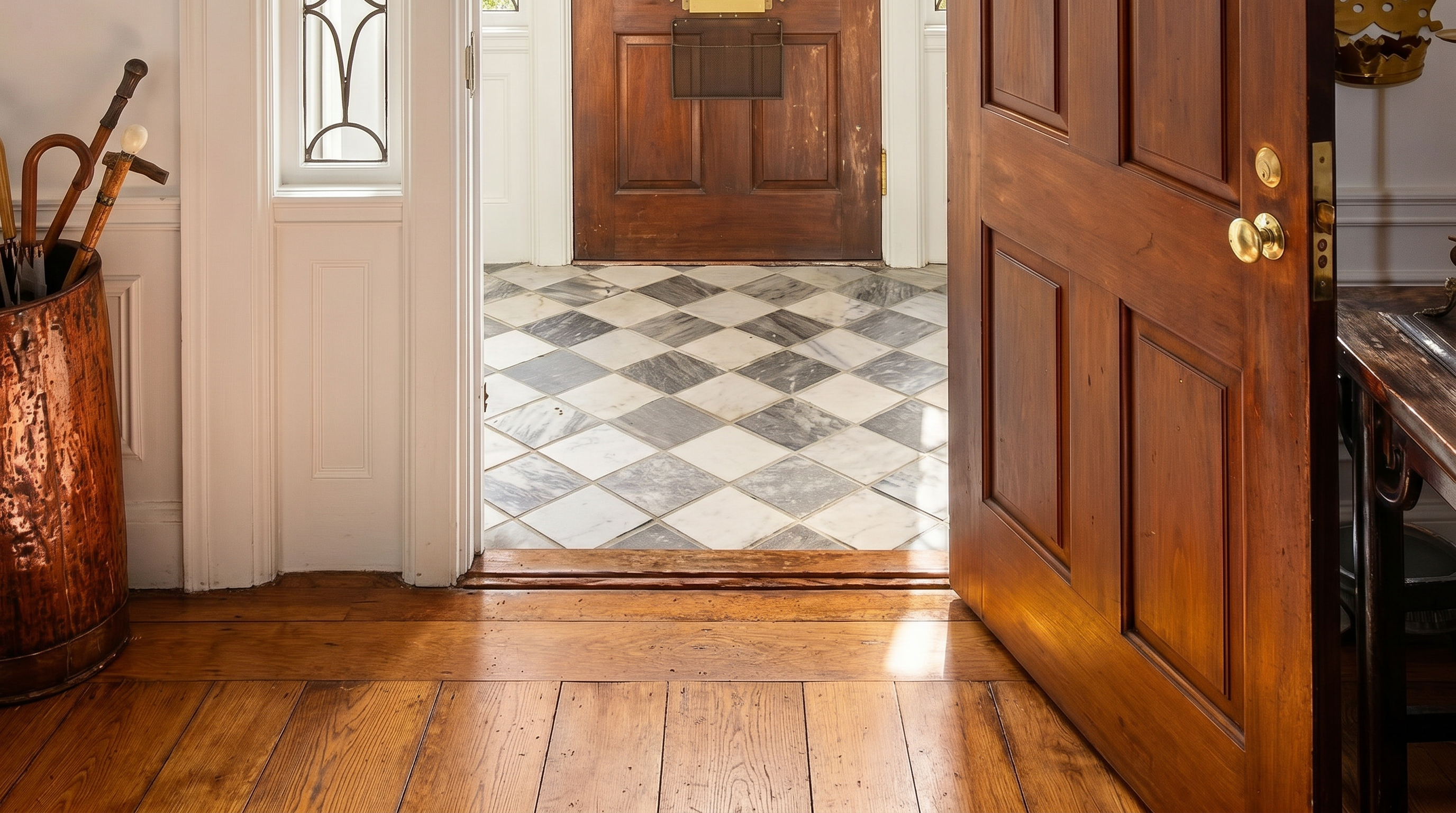 This entryway features a classic and inviting aesthetic with warm wood flooring and a rich, wooden front door. The space transitions into a foyer with elegant checkered marble flooring, framed by white molding and a decorative sidelight window. A copper umbrella stand filled with canes adds a traditional, sophisticated touch to the home's foyer area.