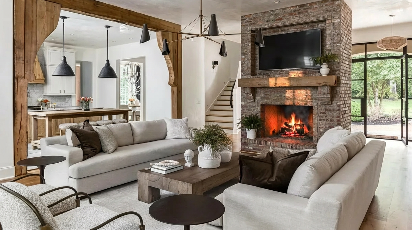 This is a tastefully decorated living room featuring a substantial brick fireplace with a mounted television above and a rustic mantle. The room is furnished with comfortable sofas, a wooden coffee table, and stylish lighting fixtures. A glimpse into the adjacent kitchen suggests an open floor plan, enhancing the home's spacious feel.