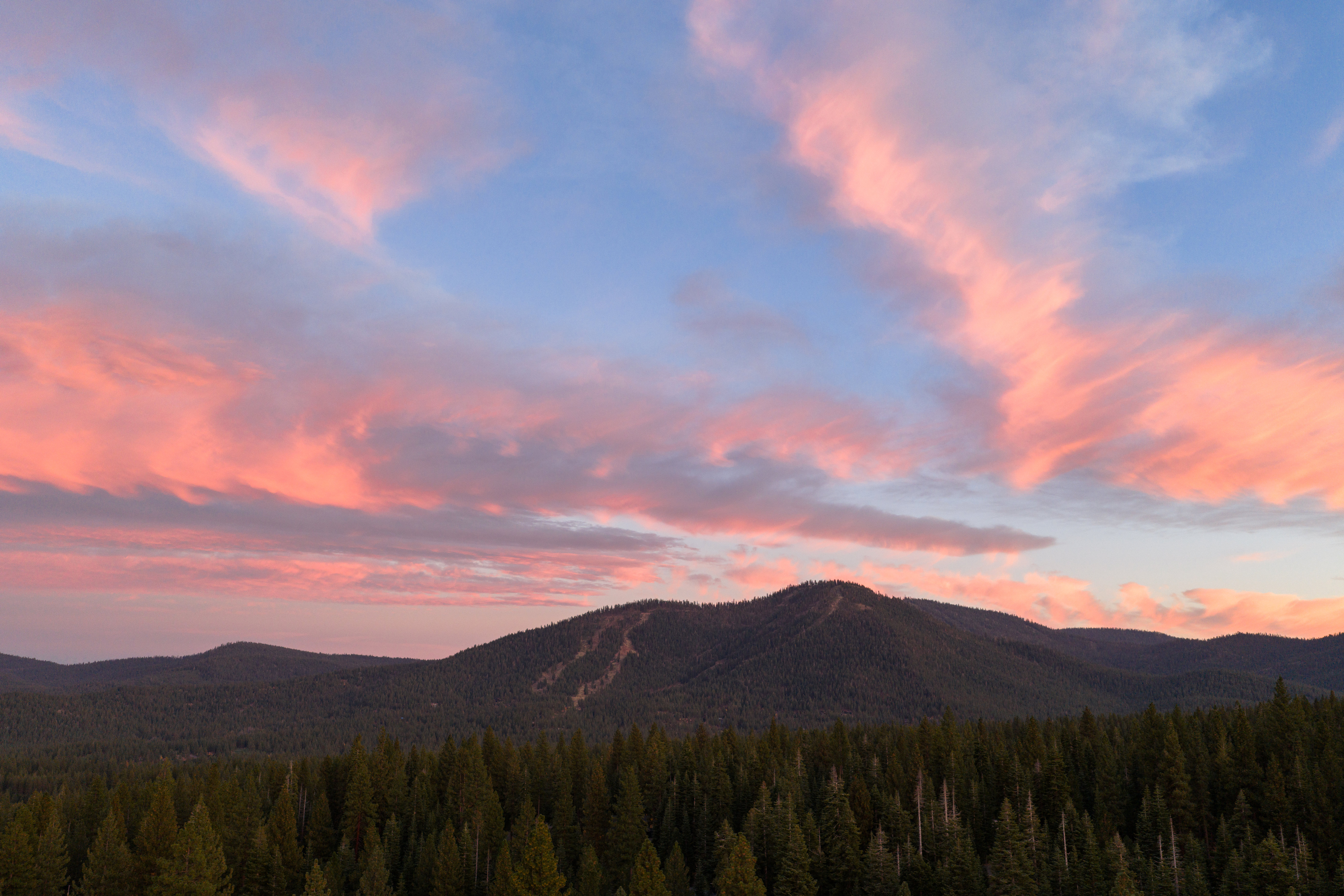 This aerial view showcases a serene landscape with a dense forest of evergreen trees in the foreground, leading to rolling hills and mountains in the background. The sky is painted with vibrant pink and orange hues from the sunset, creating a peaceful and picturesque scene. This image would appeal to buyers seeking a property with natural beauty and tranquility.