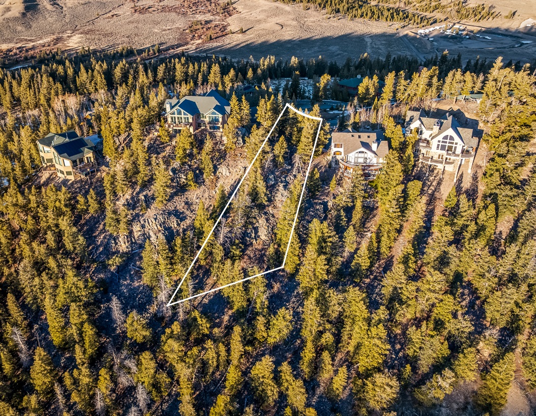 This is an aerial image of a property, showcasing a densely wooded area with several luxury homes scattered among the trees. A highlighted white outline suggests the boundaries of a particular lot, indicating potential for building or expansion. The natural landscape and proximity to upscale residences suggest a desirable and high-end real estate opportunity.