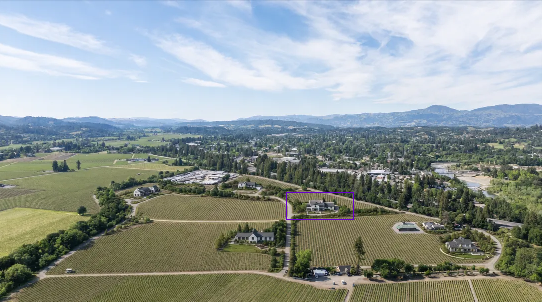 This is an expansive aerial view showcasing a large residential estate situated within a vast vineyard landscape. The property features well-manicured grounds and is surrounded by rolling hills and dense greenery, highlighting a tranquil, rural setting. A purple rectangular outline marks the primary residence, emphasizing its prominent position within the vineyard.