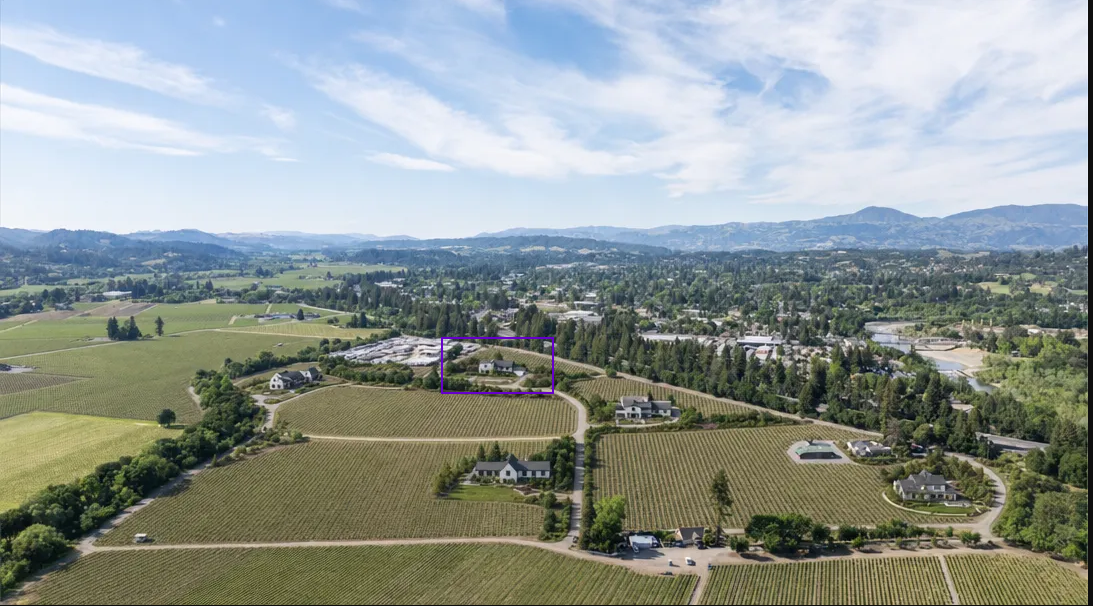 This wide-angle aerial perspective captures a sprawling vineyard estate surrounded by lush rolling hills and residential areas. The property is characterized by expansive vine-covered rows, paved driveways, and multiple detached structures, with the central home highlighted within a purple frame. It presents an idyllic and peaceful rural setting, ideal for those seeking a property with significant land and natural beauty.