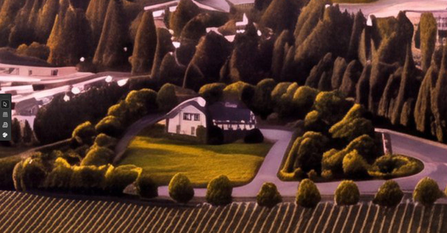 This elevated aerial view showcases a charming single-family home situated on a well-manicured lot surrounded by lush greenery and neatly trimmed trees. The property includes a curved driveway and a sprawling lawn, set against the backdrop of an adjacent vineyard. The scene captures a tranquil and secluded atmosphere, highlighting the home's integration into its picturesque rural landscape.