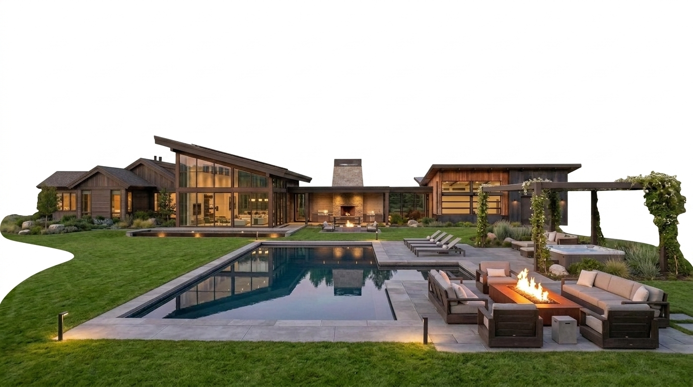 This stunning contemporary residence features a spacious rear outdoor living area highlighted by a large, pristine swimming pool and an adjacent fire pit lounge. The modern architecture combines natural wood siding with expansive floor-to-ceiling glass windows, creating a seamless connection between the interior living spaces and the beautifully landscaped backyard. With its refined patio seating, built-in hot tub, and integrated lighting, the property offers a luxurious and inviting atmosphere perfect for entertaining.