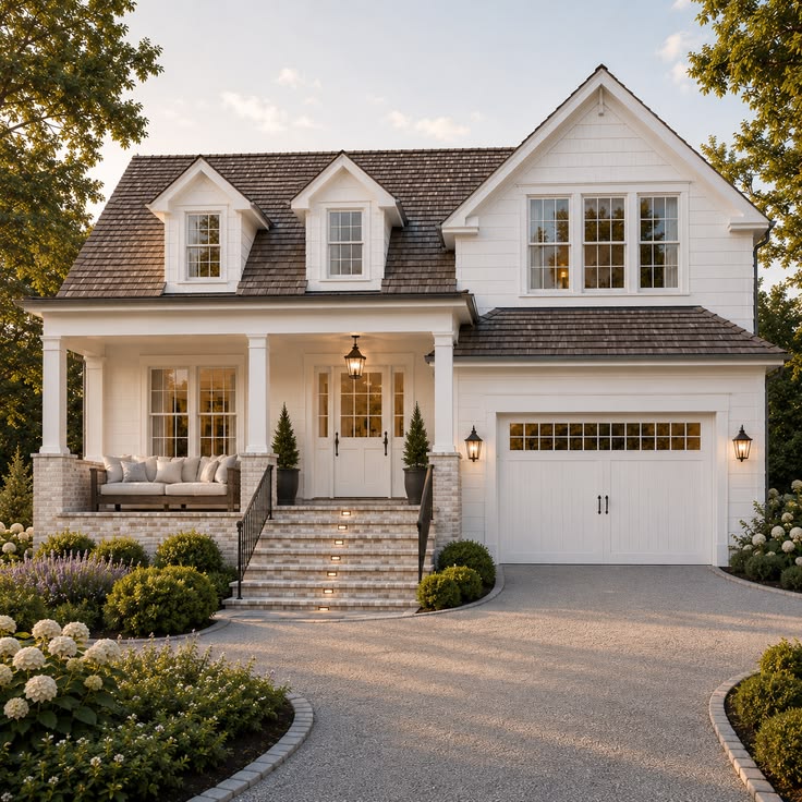 This charming, light-filled craftsman-style home features a clean white exterior with a welcoming covered front porch, a shingled roof, and two dormer windows. The property offers excellent curb appeal with a well-manicured garden, a paved driveway leading to an attached garage, and elegant exterior lighting fixtures. Its symmetrical design and classic architectural details convey a warm and inviting atmosphere, perfect for a high-end residential listing.