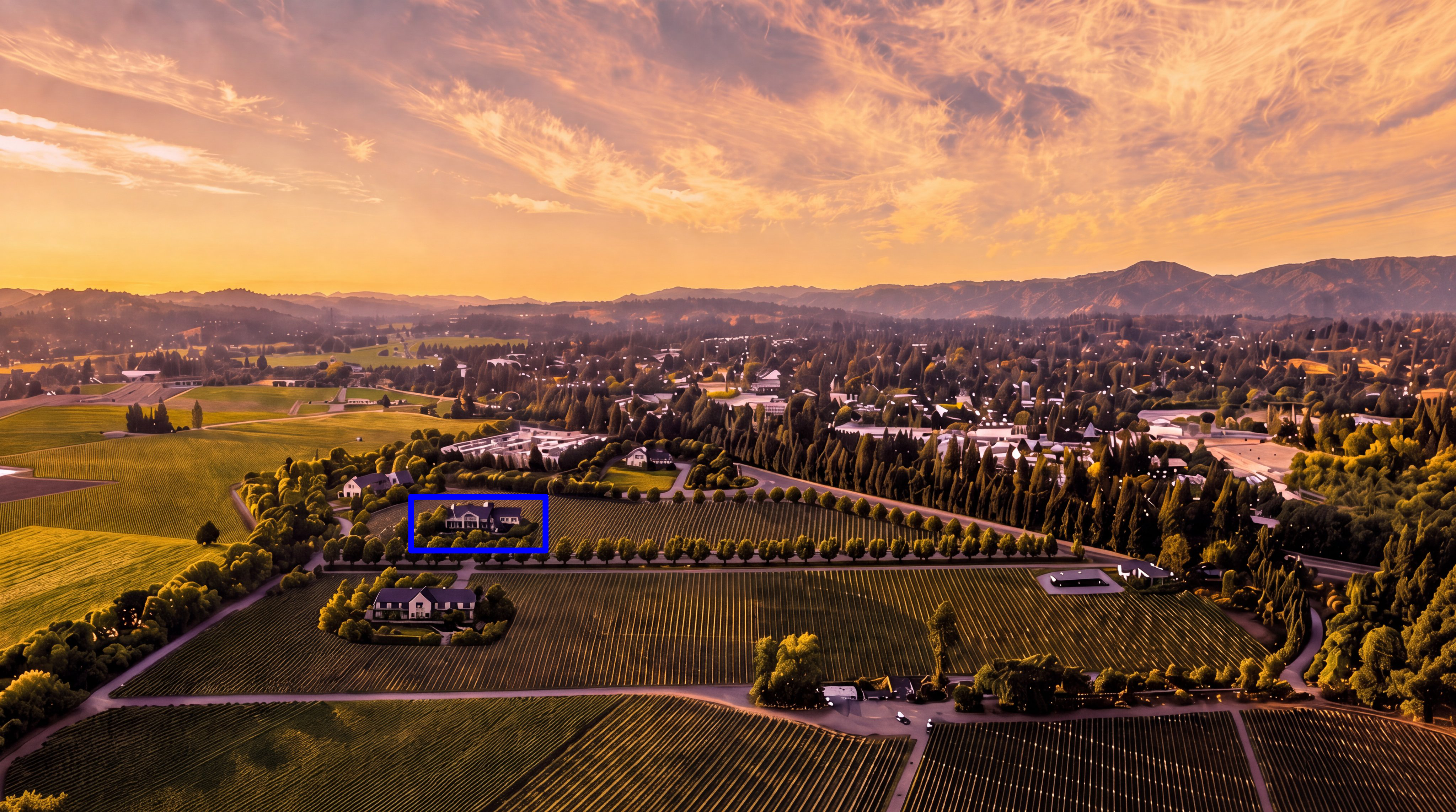 This stunning aerial view captures a sprawling vineyard estate at sunset, featuring lush rows of vines and manicured landscaping. The property includes multiple sophisticated homes nestled within the picturesque rural setting, highlighted by warm, golden lighting. The expansive landscape and orderly layout suggest a premium agricultural or residential property with significant charm and scenic appeal.