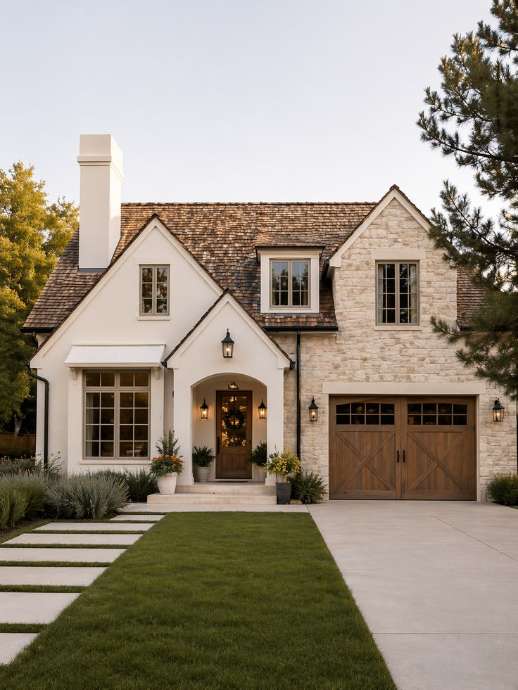 This charming cottage-style home features a beautiful combination of white stucco and natural stone cladding, accented by a dark cedar shingle roof and warm wooden garage doors. The inviting entryway, framed by elegant lanterns and lush landscaping, provides a welcoming first impression. The well-manicured lawn and clean concrete walkway add to the home's sophisticated and cohesive curb appeal.