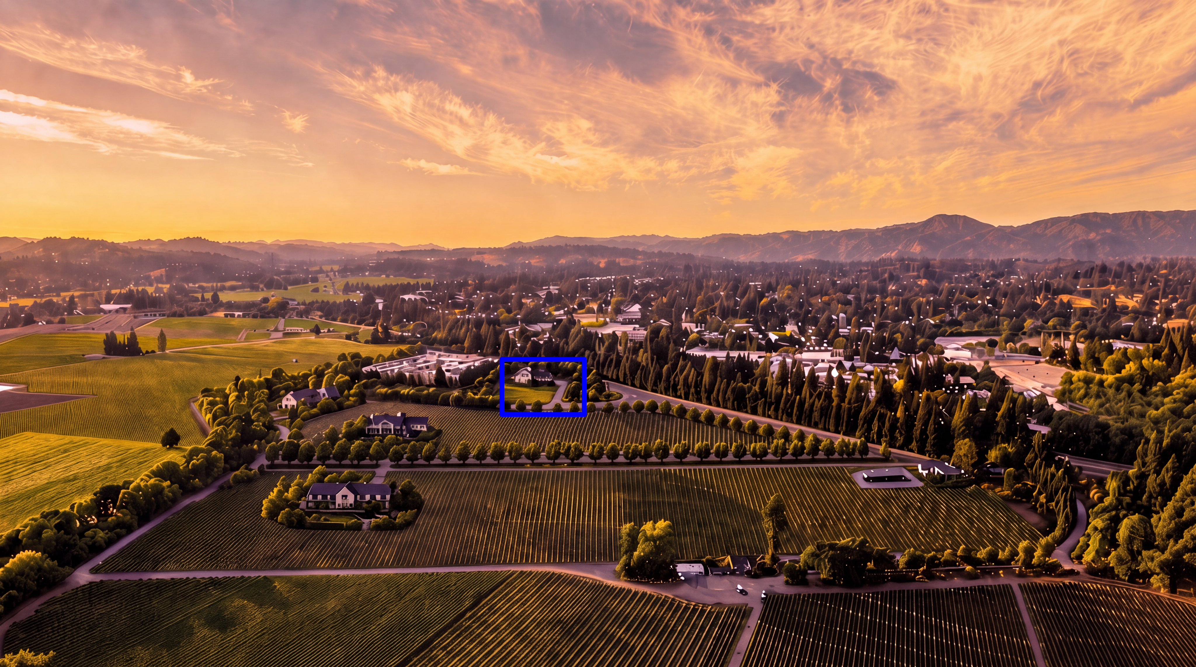This stunning aerial view captures an expansive estate surrounded by meticulously maintained vineyards and rows of mature trees. The landscape design emphasizes symmetry and order, leading to a prominent residence highlighted by a blue box. The warm, golden hour lighting enhances the serene atmosphere and scenic beauty of this picturesque property.