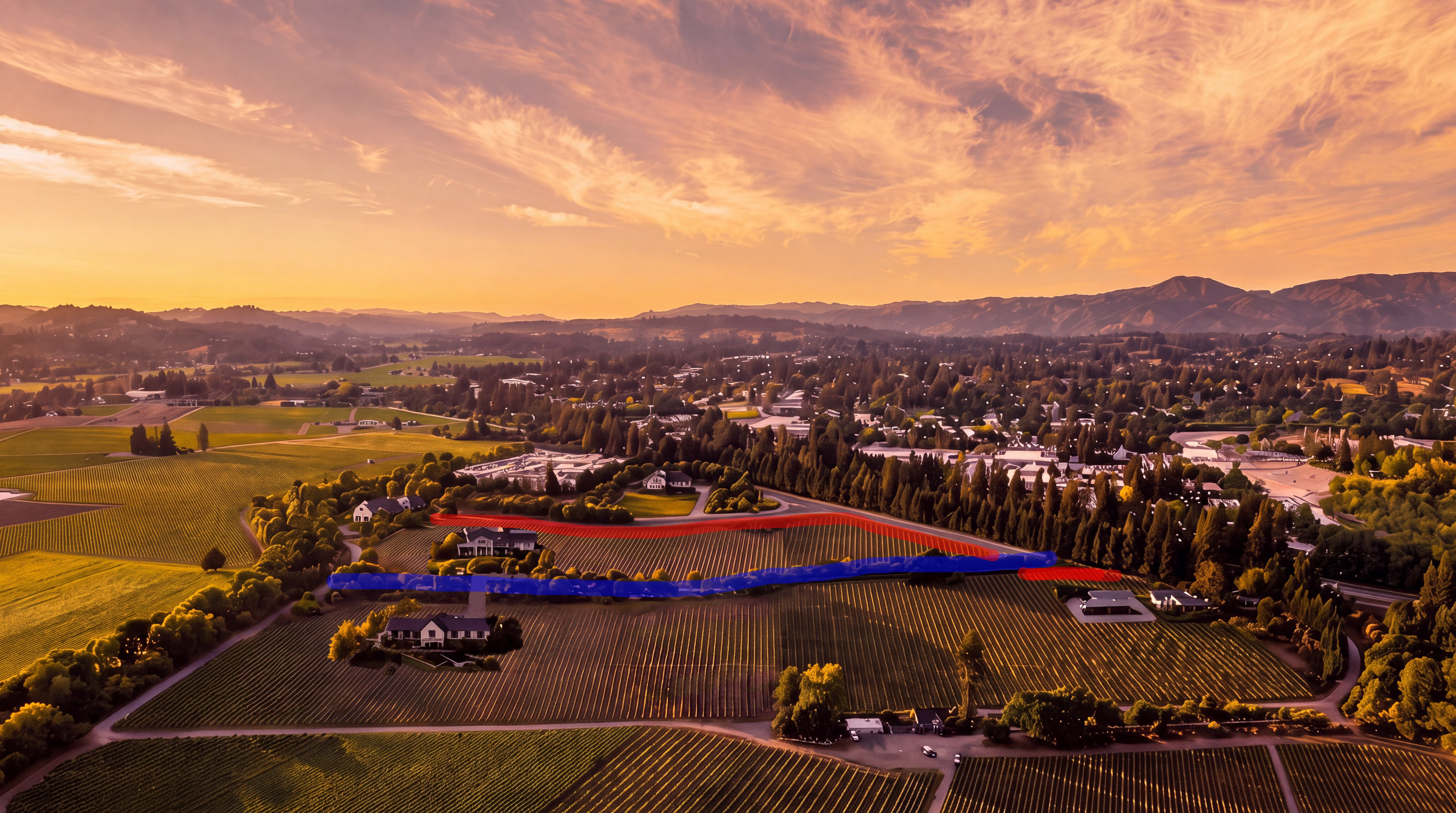 This stunning aerial view captures a sprawling vineyard estate set against a backdrop of rolling hills during a warm sunset. The property features multiple luxury residences integrated into the landscape, surrounded by meticulously manicured rows of grapevines and lush tree lines. The expansive grounds and peaceful atmosphere highlight a premium, lifestyle-oriented real estate opportunity.