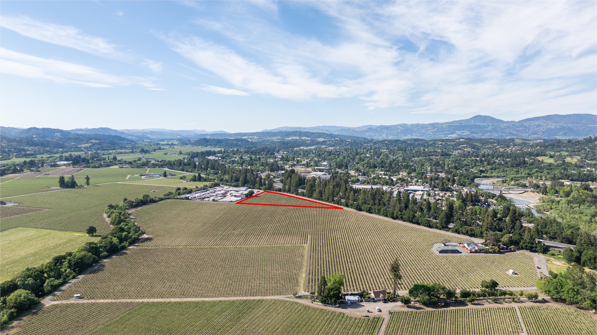 This wide-angle aerial shot captures a large vineyard estate featuring expansive rows of grapevines set against a backdrop of rolling hills and a distant town. A specific portion of the property is highlighted with a red outline, emphasizing its development potential or parcel boundaries. The scene conveys a serene, rural atmosphere while remaining conveniently close to suburban infrastructure.
