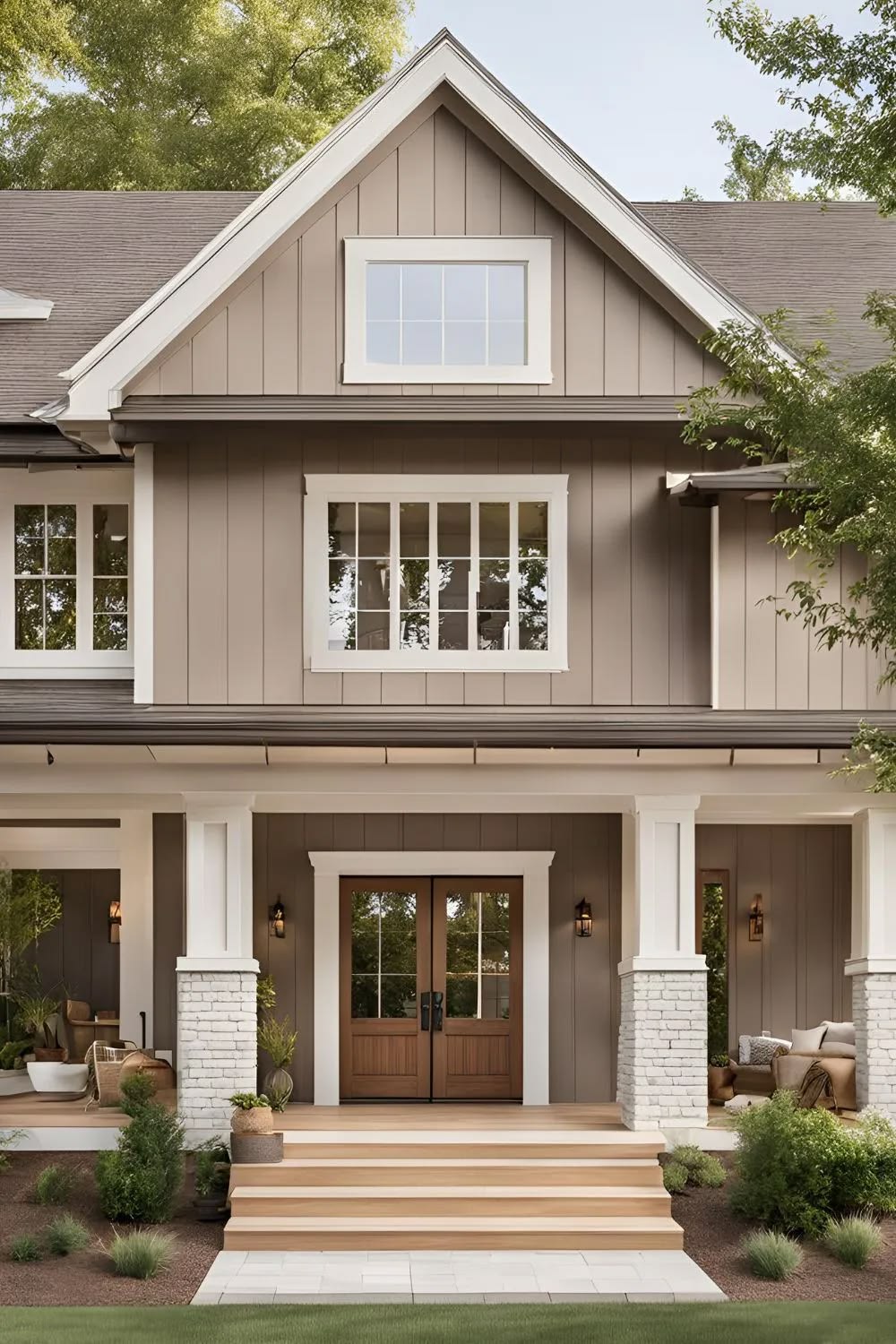 This charming front exterior features a combination of vertical wood siding, white trim, and white brick porch columns, giving it a modern farmhouse aesthetic. A prominent entryway showcases stained wood double doors, wooden porch stairs, and symmetrical windows, all nestled within a neatly landscaped front yard.