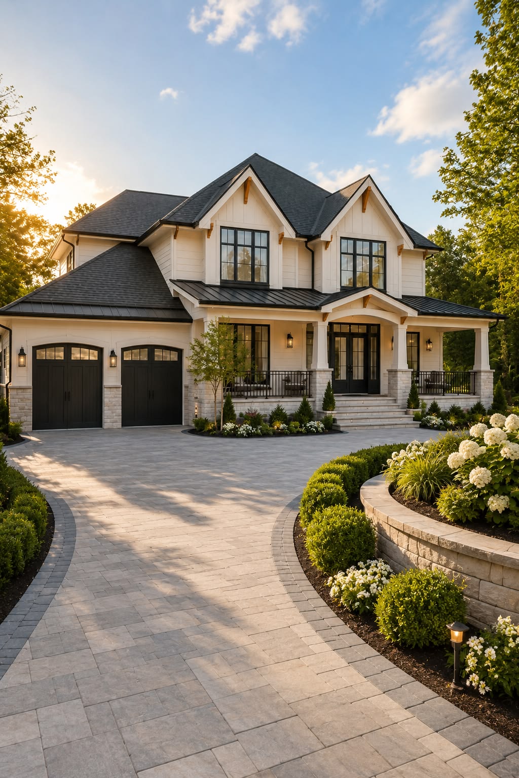 This stunning two-story custom home features a sophisticated blend of white siding and stone accents, complemented by a charcoal-colored roof and dark-framed windows. The property boasts a meticulously landscaped circular driveway, a welcoming front porch, and a grand entrance, creating an impressive curb appeal. The overall architectural style is elegant and modern farmhouse, set within a serene, tree-lined environment.