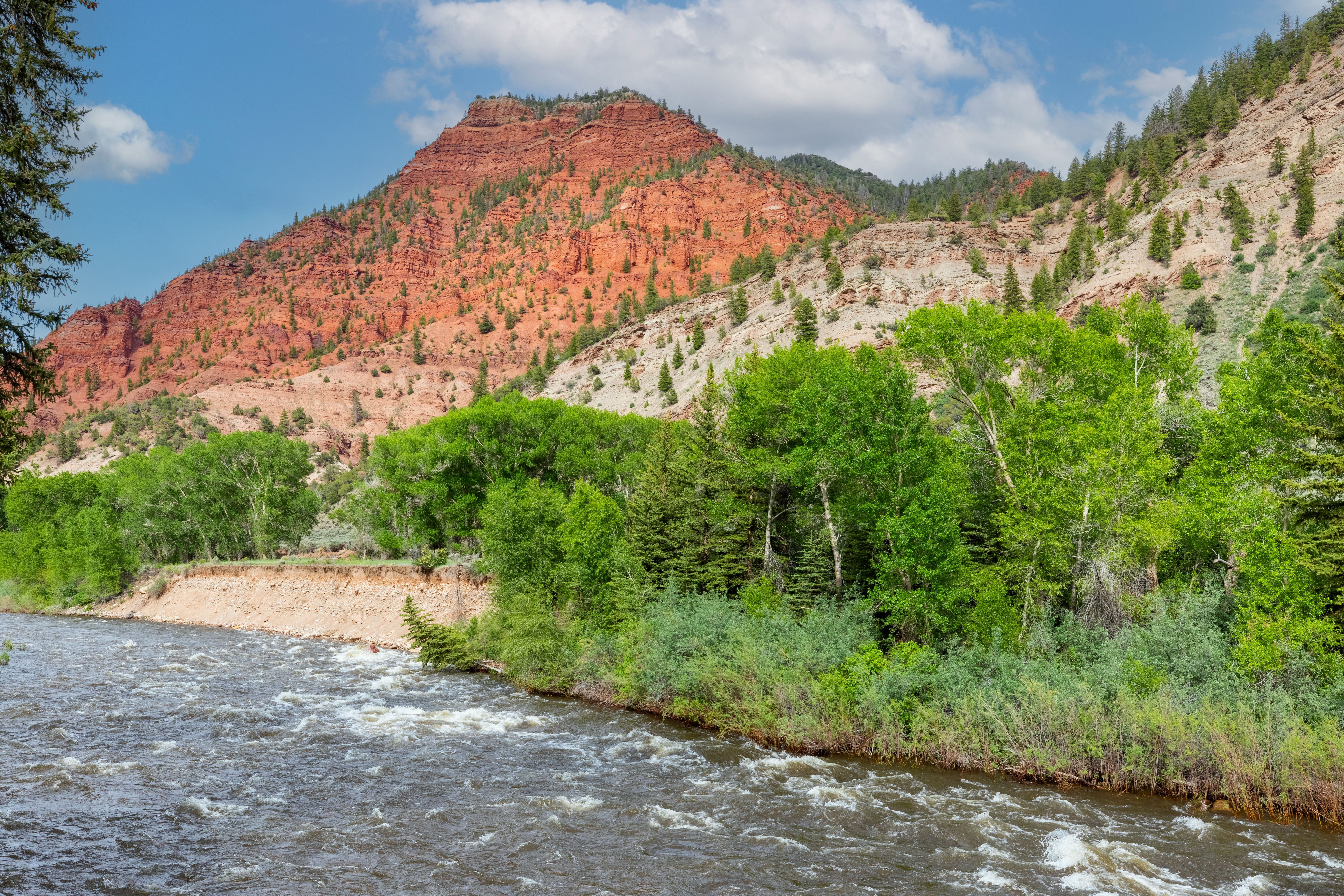 This scenic landscape features a rushing river flowing past a lush, green riparian zone filled with deciduous trees and conifers. In the background, a dramatic, rugged mountain with vibrant red rock formations rises against a bright blue sky with scattered clouds. The perspective is a wide-angle, eye-level shot that captures the natural beauty and serene wilderness setting of the property's surroundings.