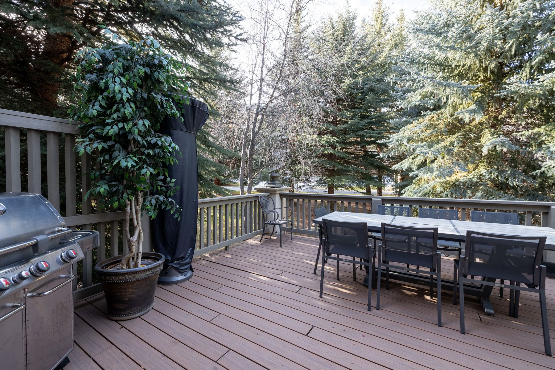 This spacious wooden deck offers an inviting outdoor living space, complete with a stainless steel grill, a large dining table with seating for six, and a potted tree. The deck is enclosed by a sturdy railing and overlooks a lush, wooded area filled with tall evergreen trees, providing a sense of privacy and natural beauty. The perspective is a wide-angle shot from the deck surface, emphasizing the functional layout and the serene, forest-like surroundings.