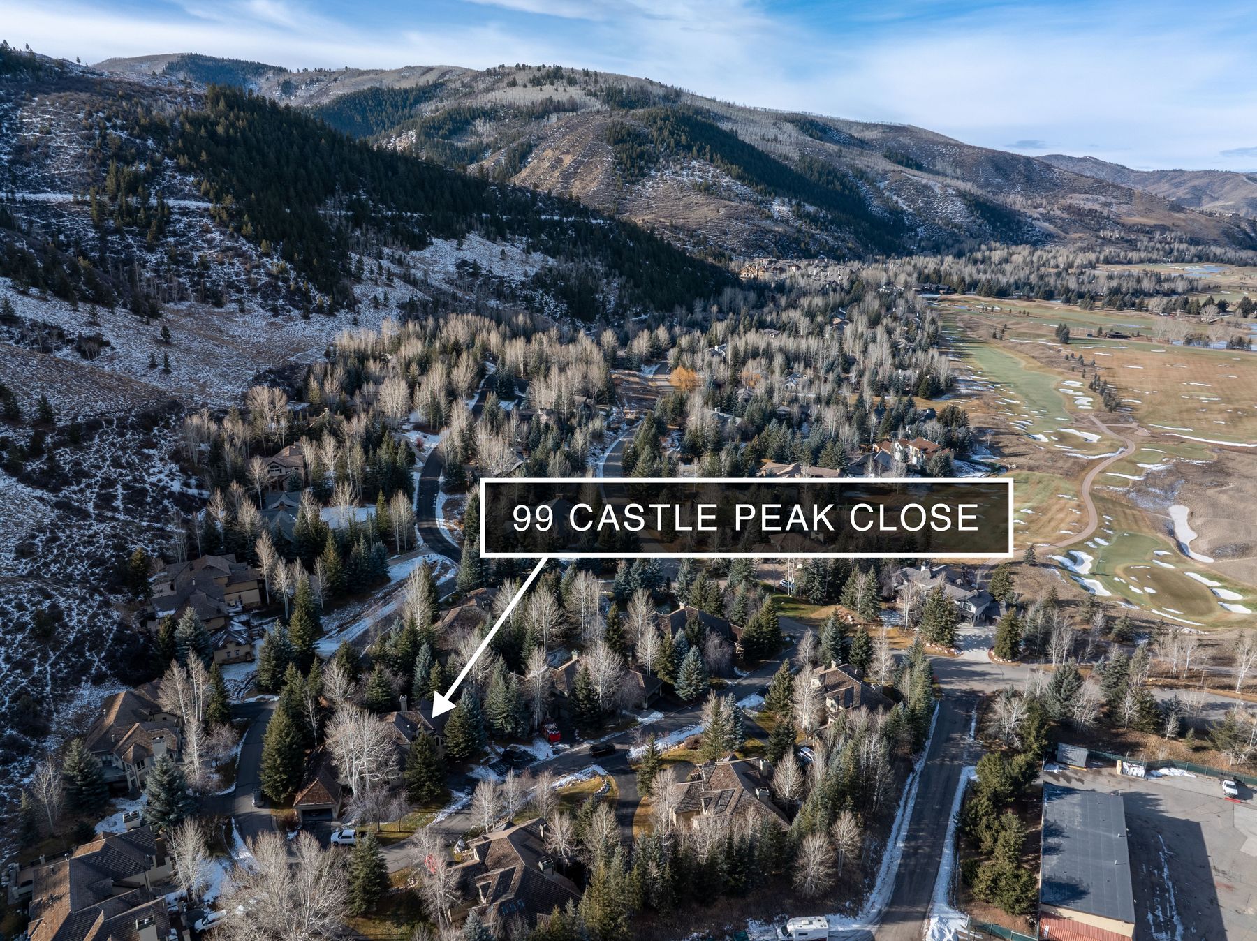 This high-angle aerial view captures a residential neighborhood nestled in a mountainous, wooded landscape. The image highlights the property at 99 Castle Peak Close, surrounded by dense evergreen and deciduous trees, with a golf course visible in the distance. The scene conveys a serene, secluded mountain lifestyle with a clear view of the surrounding topography.