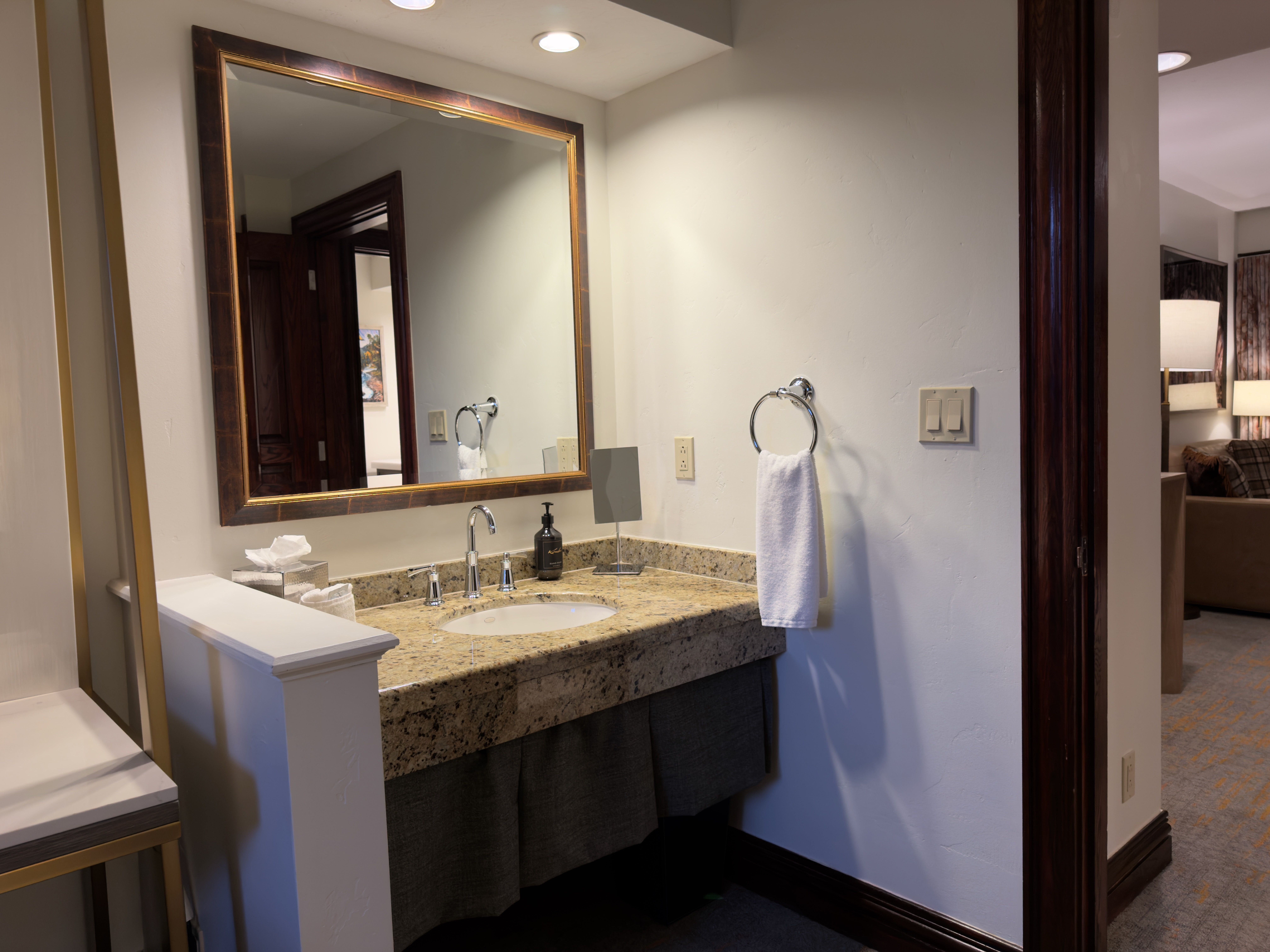 This bathroom features a granite countertop vanity with a decorative mirror and a towel ring. The walls are painted in a neutral tone, and the flooring appears to be dark. A doorway leads to another room, suggesting an open layout.