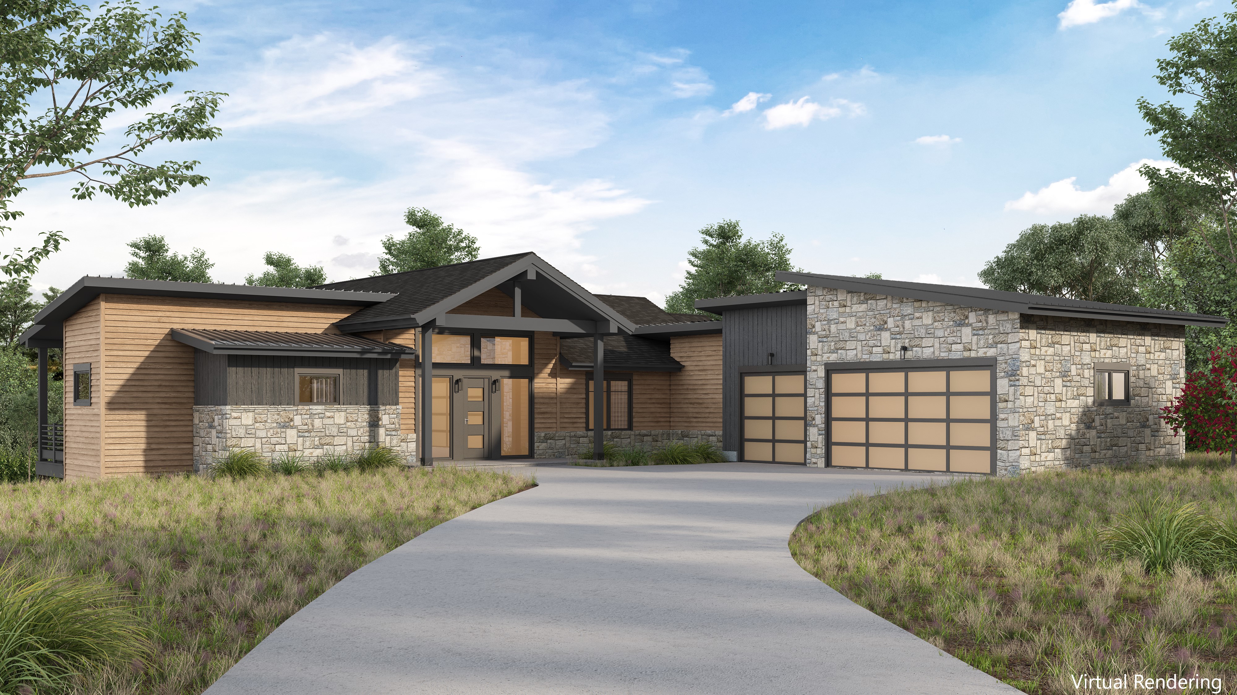 This modern single-story home features a striking blend of horizontal wood siding, dark vertical paneling, and textured stone masonry. The front elevation showcases a prominent covered entryway with a gabled roofline and a multi-car garage with glass-paneled doors. The perspective is a wide-angle shot from the driveway, emphasizing the home's contemporary architectural design and its integration into the surrounding landscape.