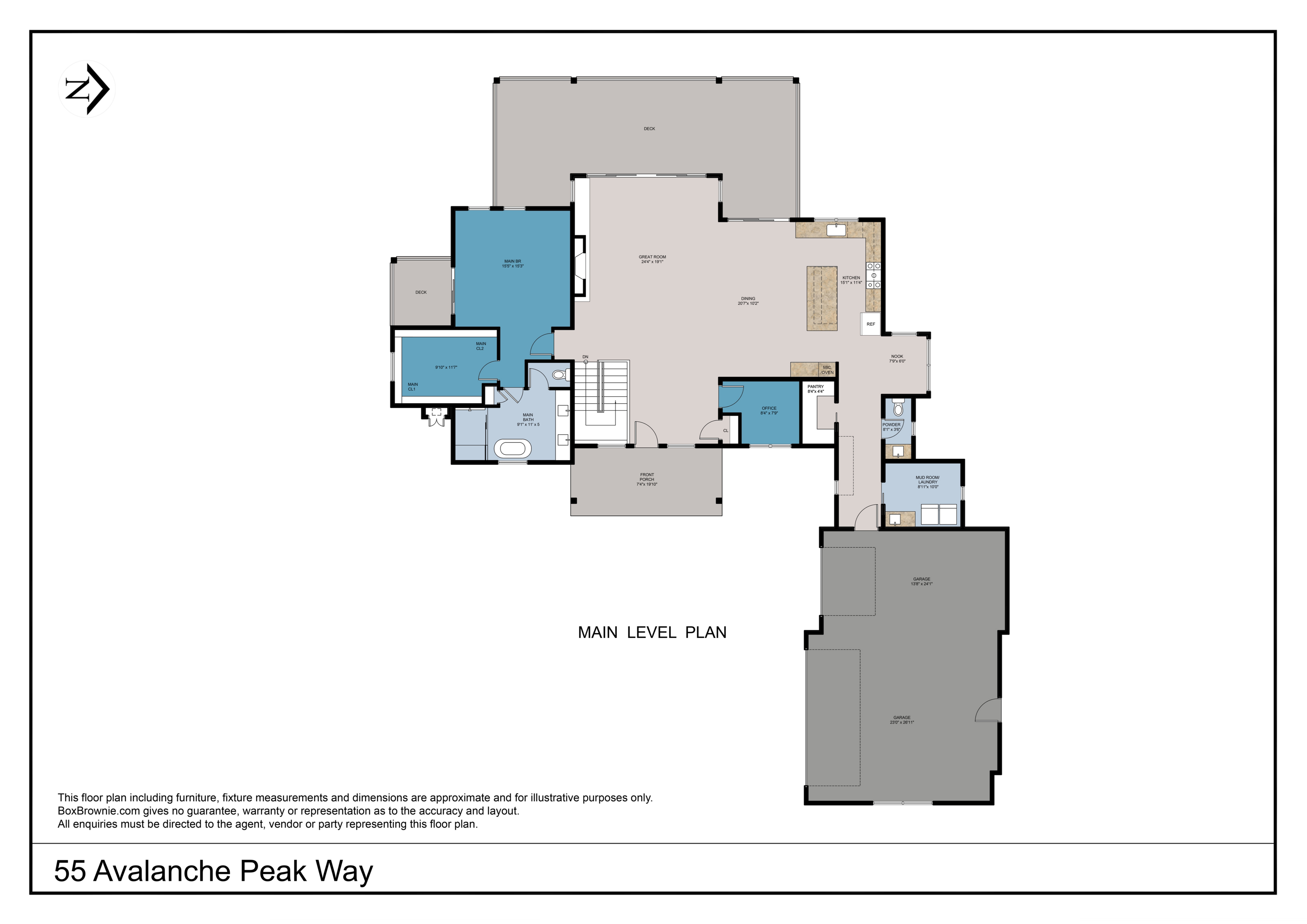 This image is a detailed 2D floor plan for the main level of a residence located at 55 Avalanche Peak Way. The layout features an open-concept great room, dining area, and kitchen, alongside a primary bedroom suite, an office, a mudroom, and a large garage. The plan provides a clear top-down perspective of the spatial arrangement, including exterior deck and porch areas.
