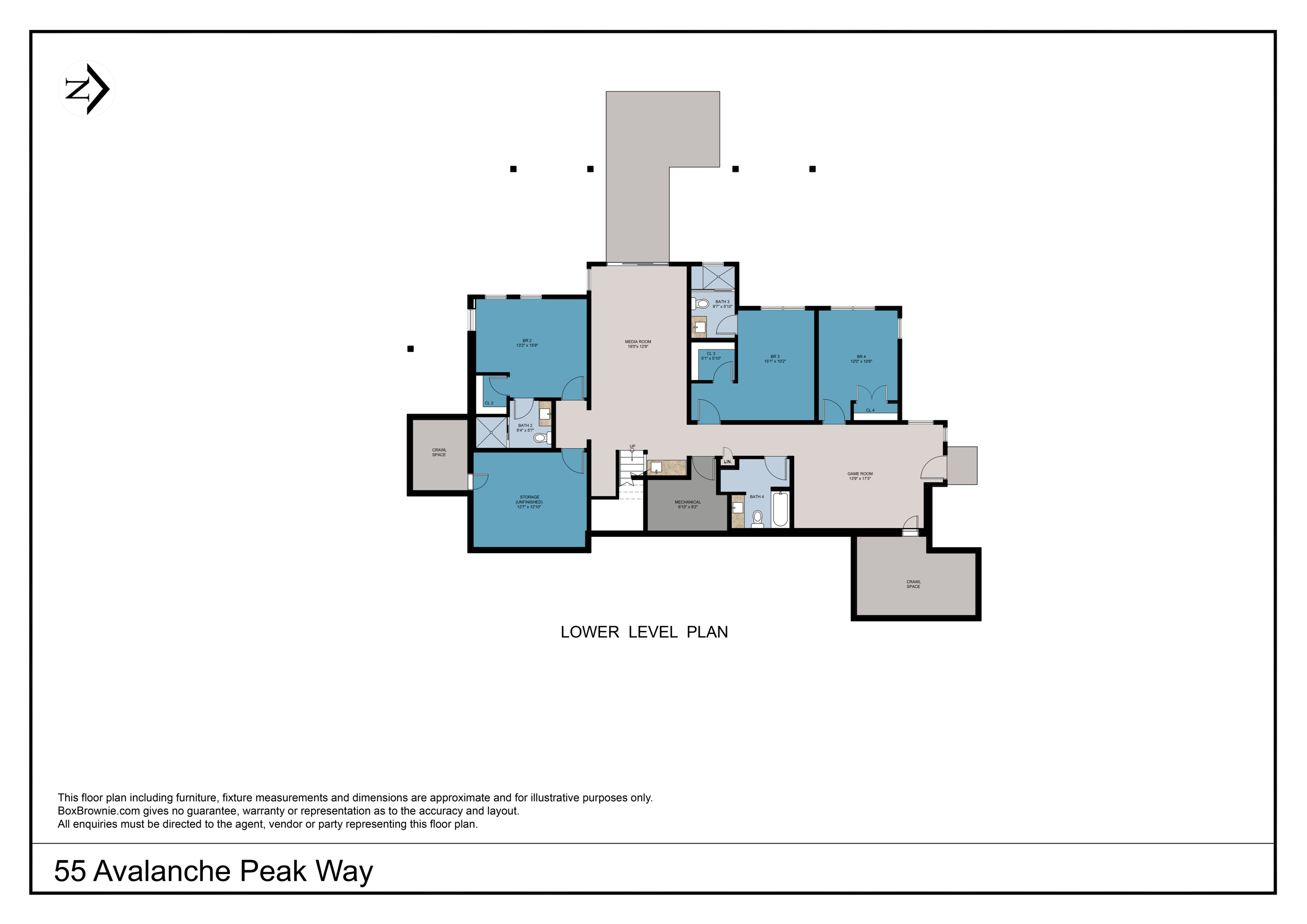 This image is a detailed architectural floor plan for the lower level of a residence located at 55 Avalanche Peak Way. The layout features multiple bedrooms, bathrooms, a media room, a game room, and various storage or crawl spaces, all organized around a central hallway and staircase. The diagram provides a clear, top-down technical view of the home's spatial configuration and room dimensions.