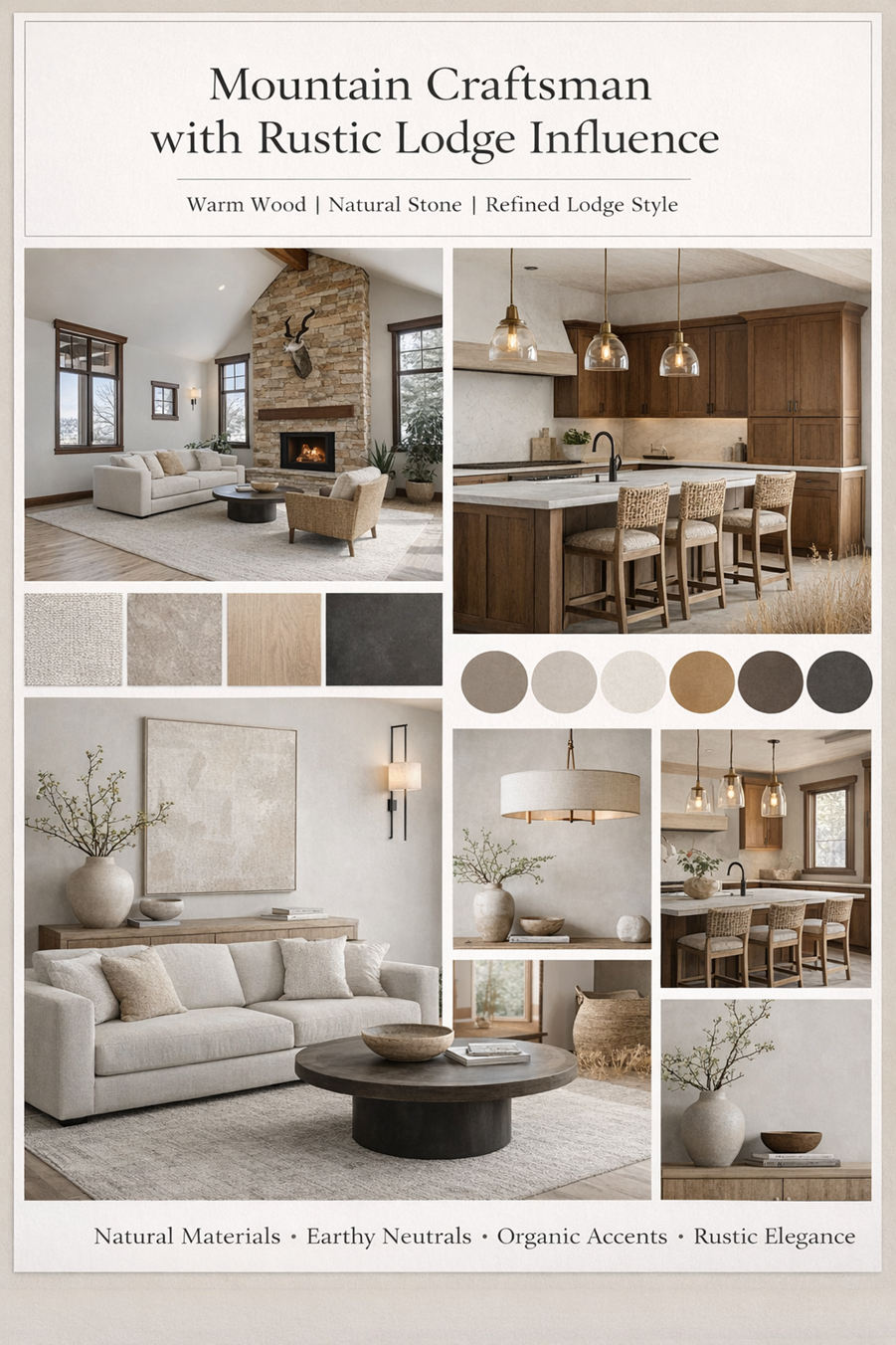 This image is a curated design mood board titled 'Mountain Craftsman with Rustic Lodge Influence,' showcasing a cohesive interior design aesthetic. It features multiple high-quality renderings of living rooms and kitchens, highlighting warm wood tones, natural stone fireplaces, and earthy neutral color palettes. The overall impression is one of refined, cozy, and sophisticated mountain-style living, perfect for inspiring potential buyers.