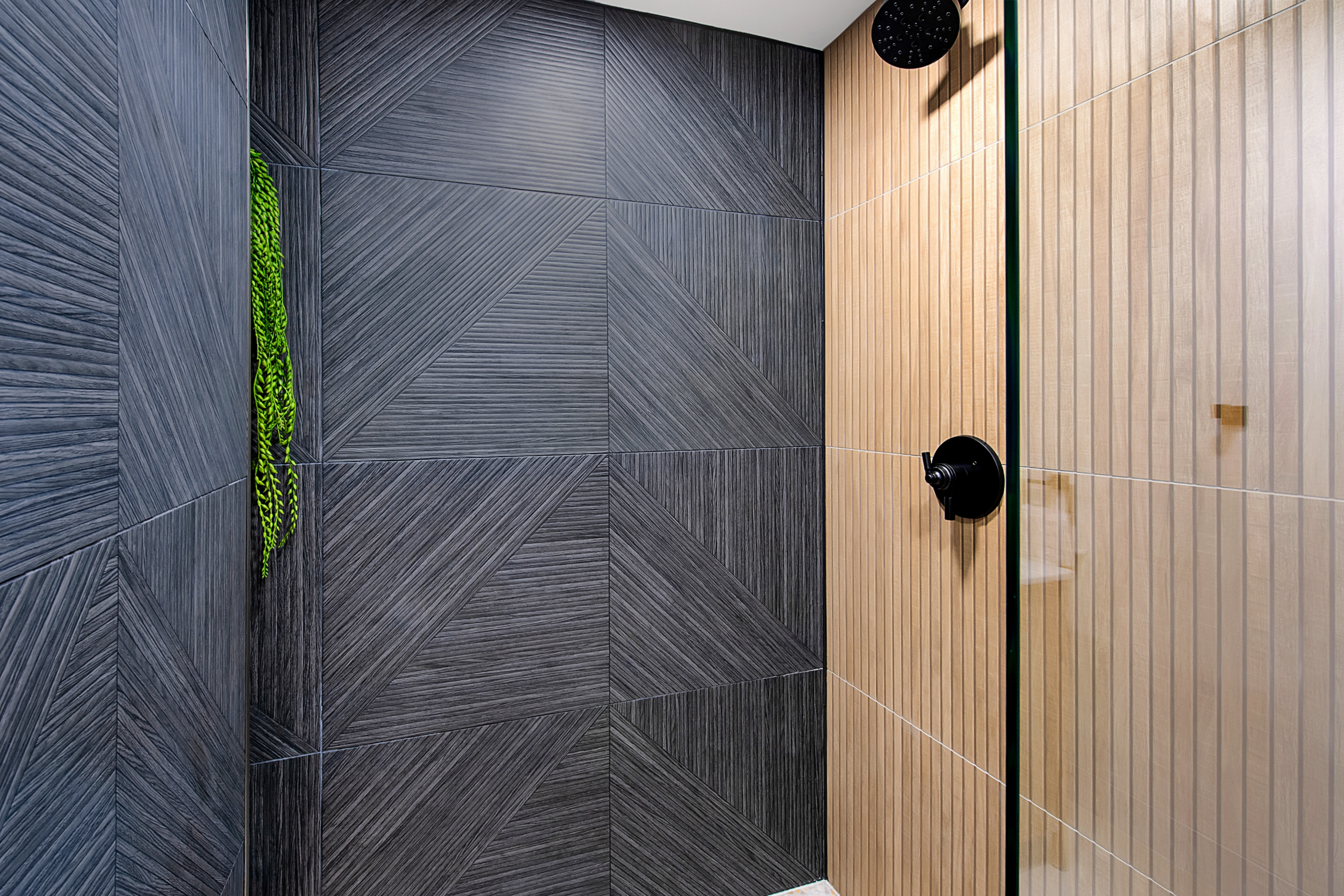This modern shower space features a striking contrast between dark, geometric-patterned charcoal tiles and warm, vertical-slatted light wood-look tiles. A sleek matte black shower head and control handle add a contemporary, high-end touch to the design. A vibrant green hanging plant provides a pop of natural color, enhancing the sophisticated and spa-like atmosphere of the bathroom.