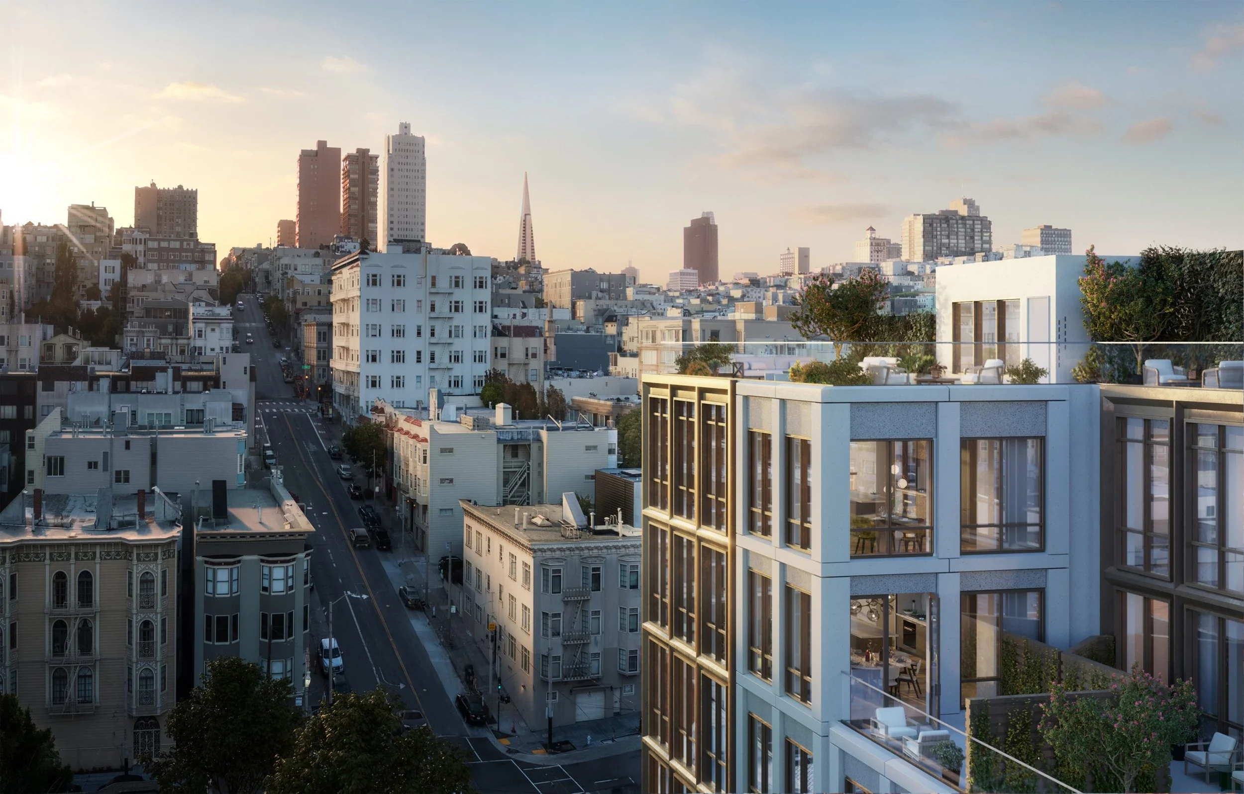 This stunning high-angle perspective showcases a modern residential building integrated into the vibrant San Francisco cityscape. The architecture emphasizes floor-to-ceiling glass, private balconies, and lush rooftop landscaping, providing a sophisticated contrast to the surrounding historic urban fabric. Bathed in the warm, golden light of sunset, the image highlights the property's prime location with expansive city views.