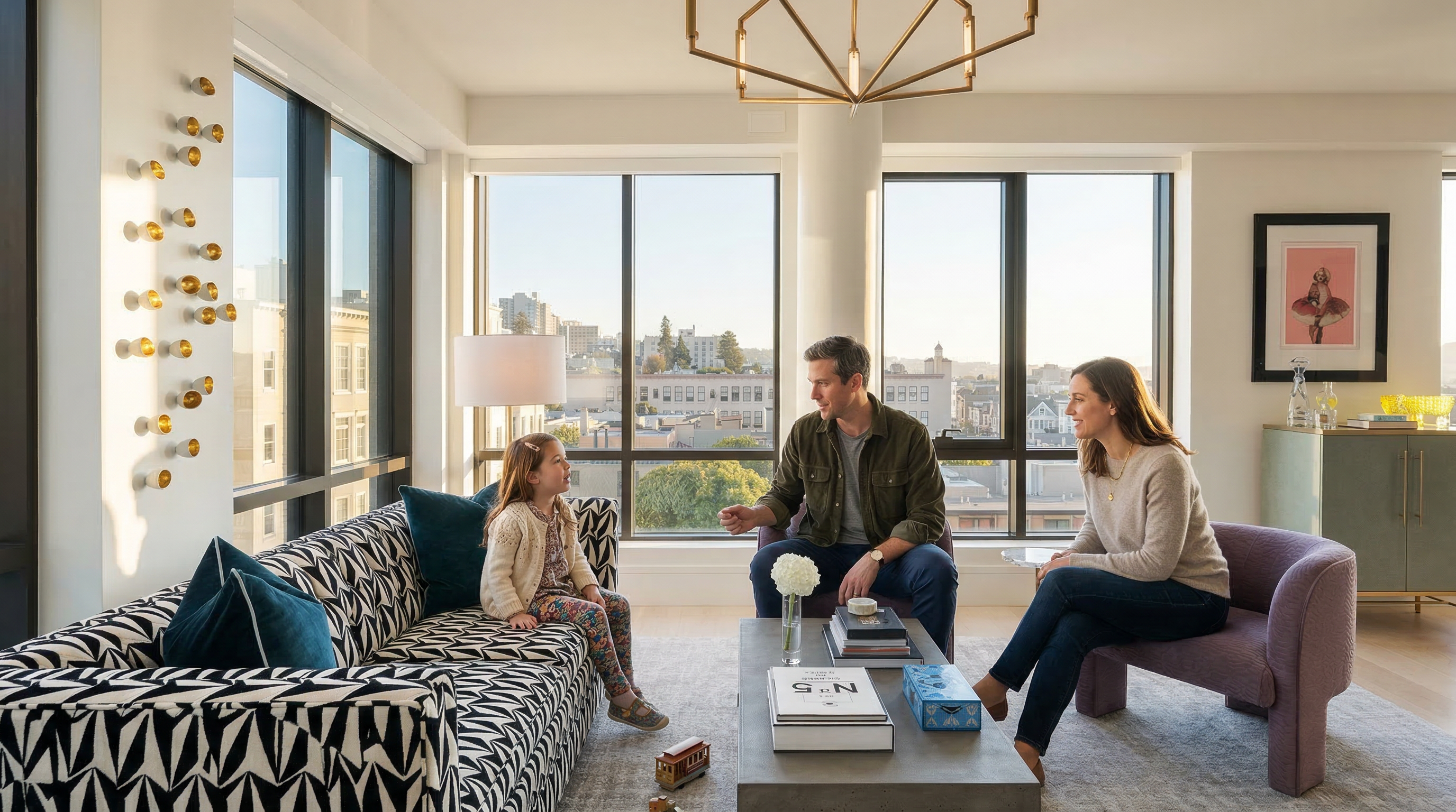 This modern, light-filled living room showcases a bold patterned sofa, a sleek concrete coffee table, and a stylish purple armchair, creating an inviting contemporary aesthetic. Large, floor-to-ceiling windows flood the space with natural light and offer expansive city views, while the minimalist decor on the wall adds a unique architectural flair. The room is designed for comfortable family living, emphasizing high-end finishes and a sophisticated open-layout feel.
