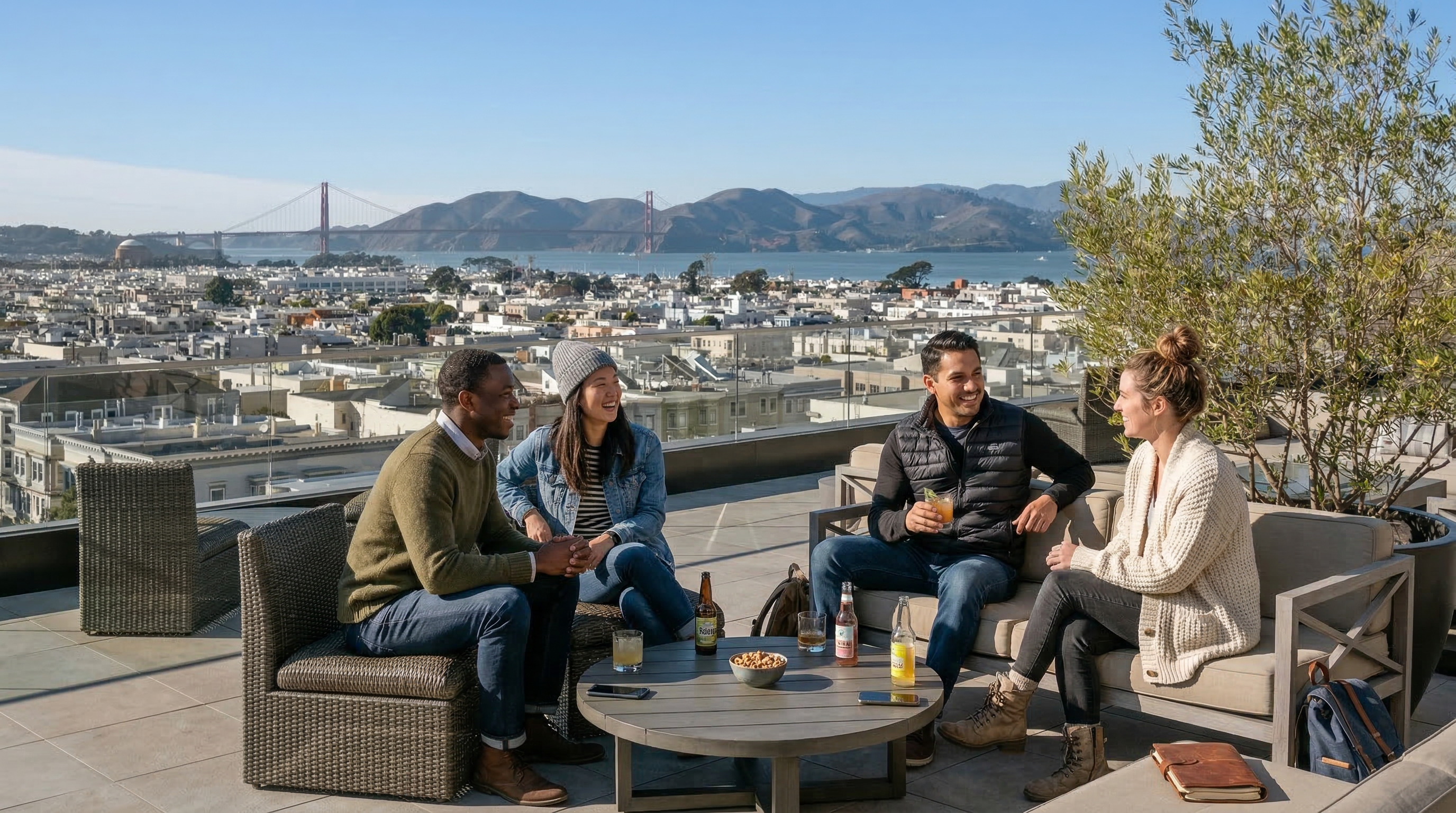 This scenic rooftop terrace offers a stunning, unobstructed view of the Golden Gate Bridge and the San Francisco skyline. Furnished with comfortable outdoor lounge seating and a coffee table, the space is ideal for entertaining or relaxing in an urban environment. The area features durable flooring and lush balcony greenery, making it a highly desirable amenity for city living.