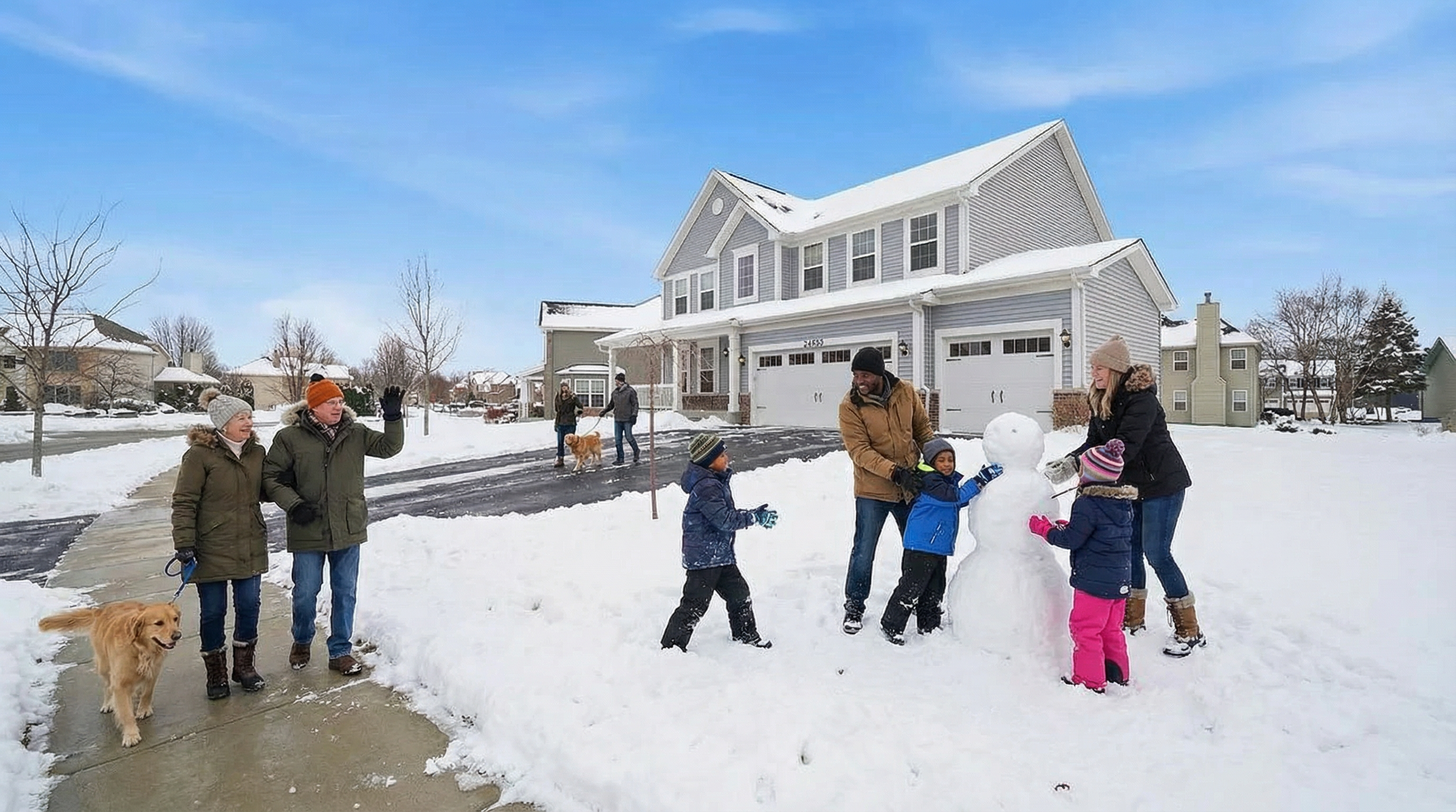 This image features the front of a two-story suburban home during winter. A family is building a snowman in the front yard, adding a sense of warmth and community. The house has a two-car garage and a well-maintained facade, suggesting a comfortable and welcoming living environment.