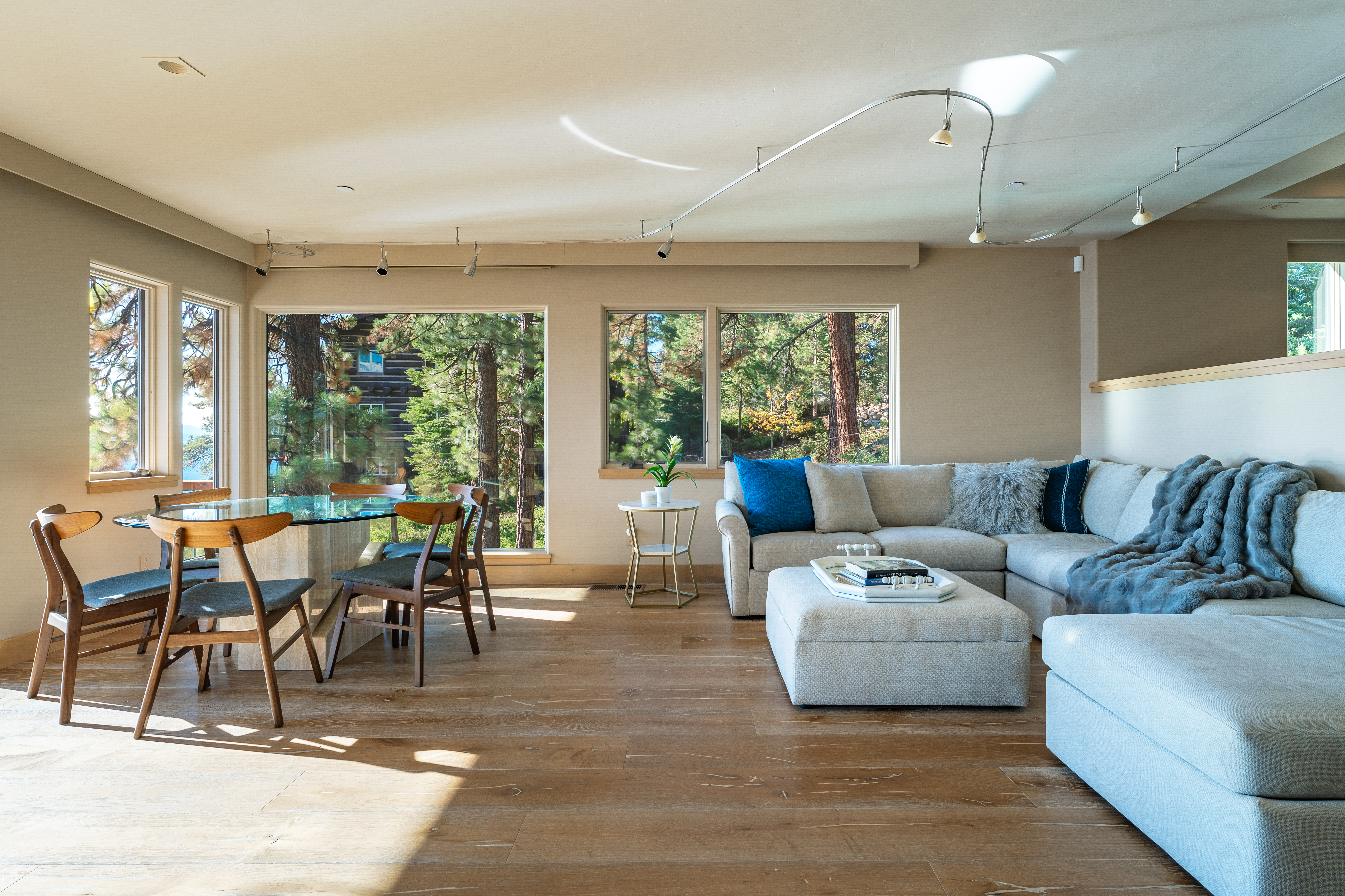 This is a bright and airy living room featuring a modern sectional sofa with plush cushions and a throw blanket. A round glass-top dining table with wooden chairs sits near large windows that offer views of the surrounding trees. The hardwood flooring adds warmth to the space, and track lighting illuminates the room.