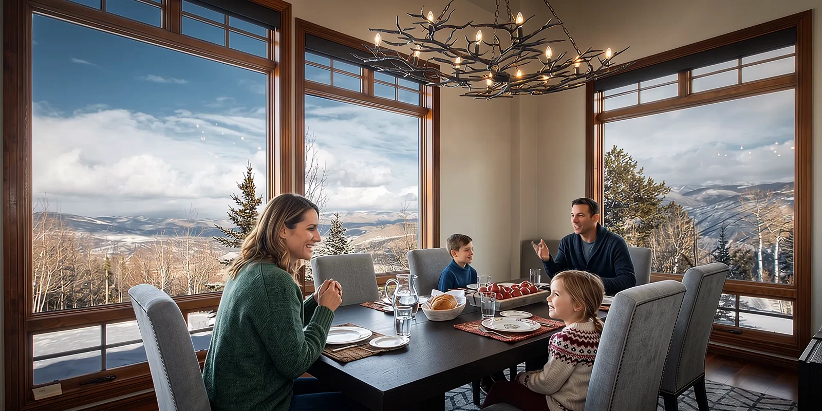 An AI visualization of a family sharing a meal beside windows overlooking the mountains