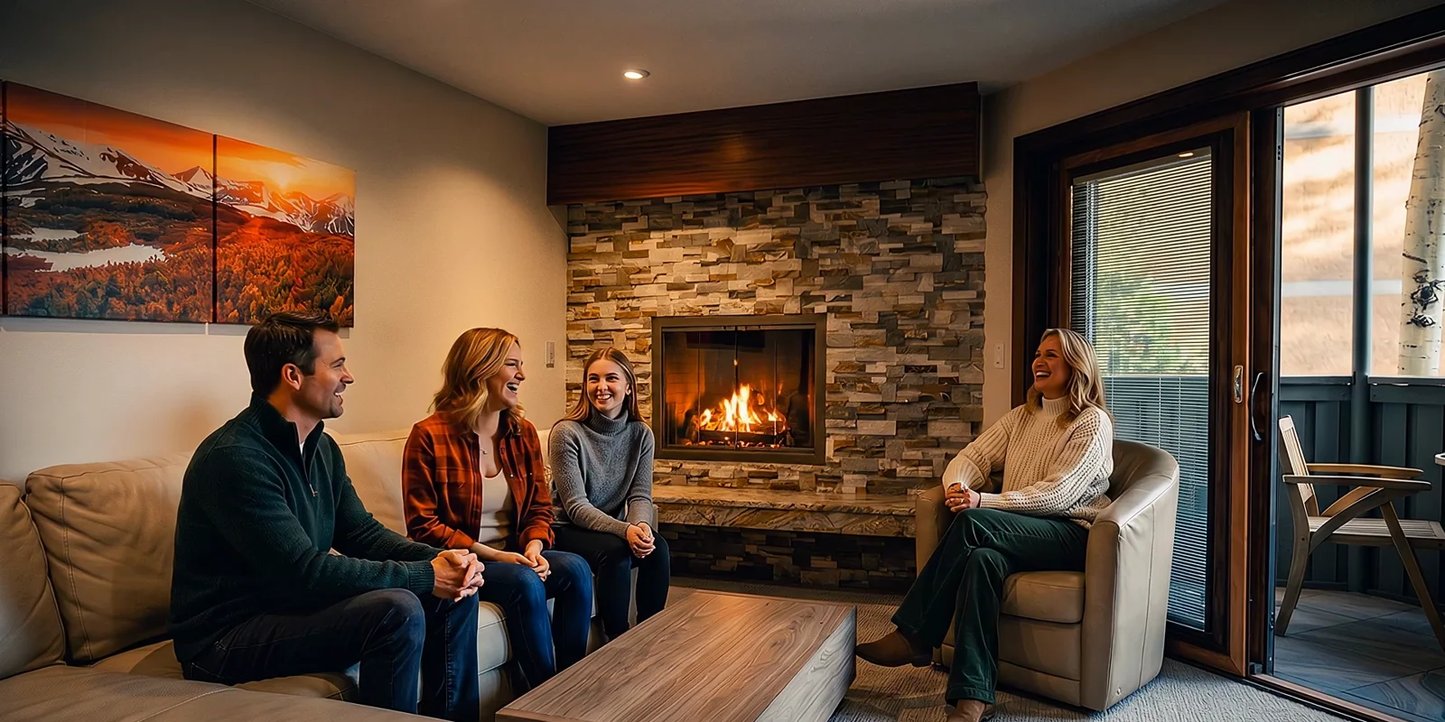 An AI visualization of four people talking around a coffee table beside a stone fireplace