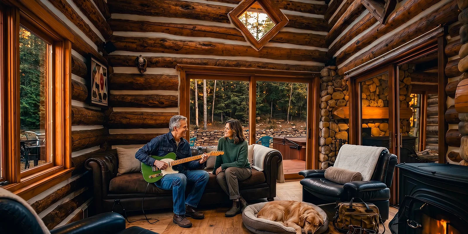 An AI visualization of a couple with a guitar in a log-walled sitting room, with a dog resting nearby
