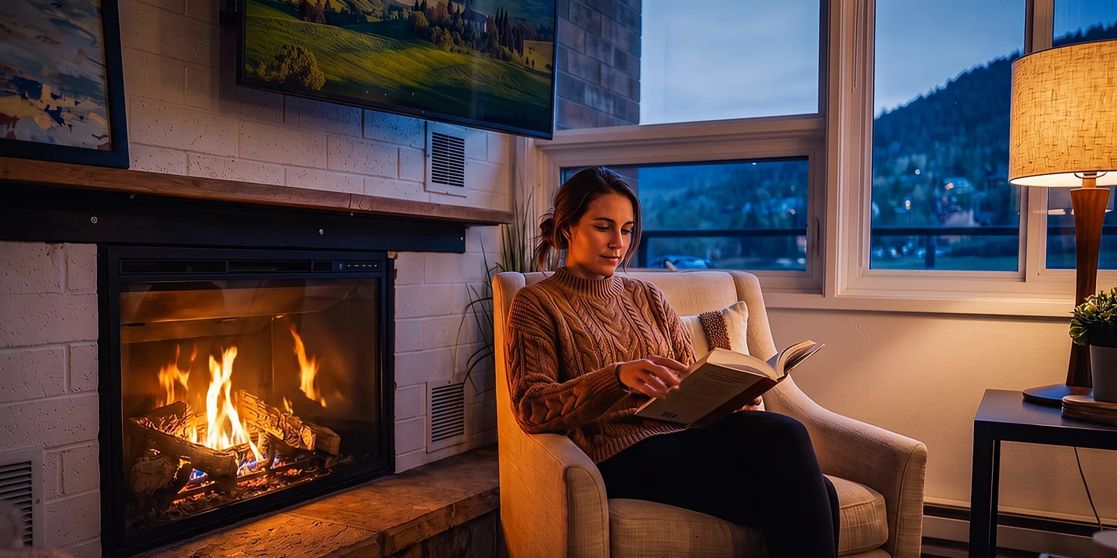 An AI visualization of a woman reading beside a fireplace
