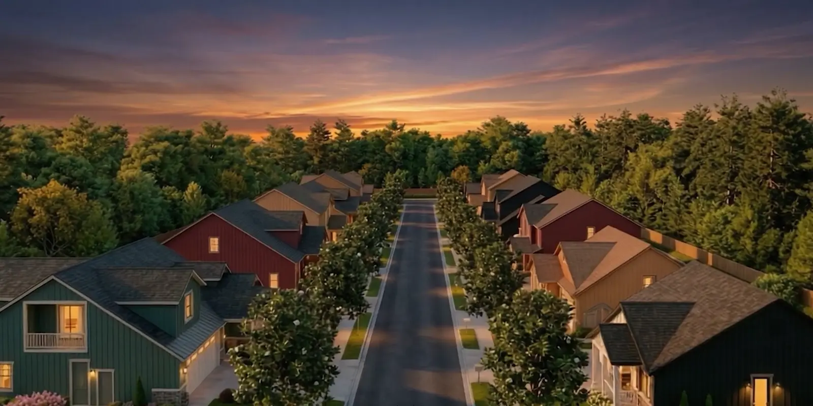 An AI visualization of a residential street lined with new homes at dusk