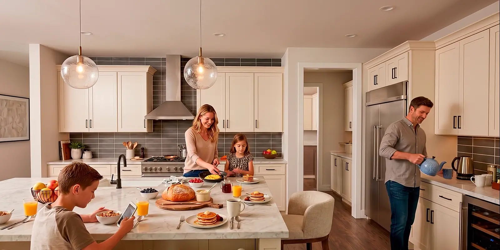 An AI visualization of a family preparing food around a kitchen island