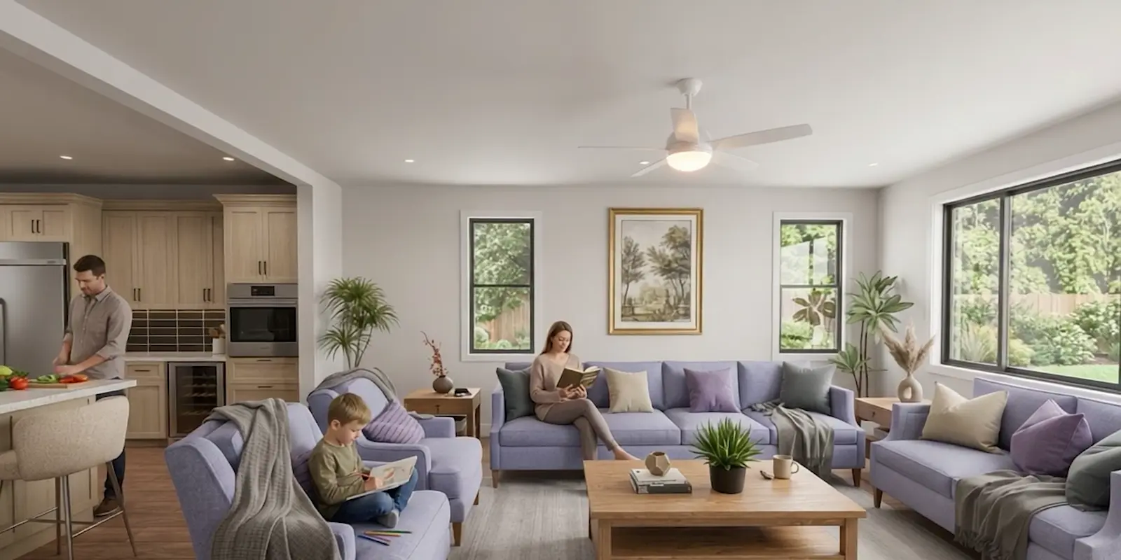 An AI visualization of a family reading and relaxing in a bright living room