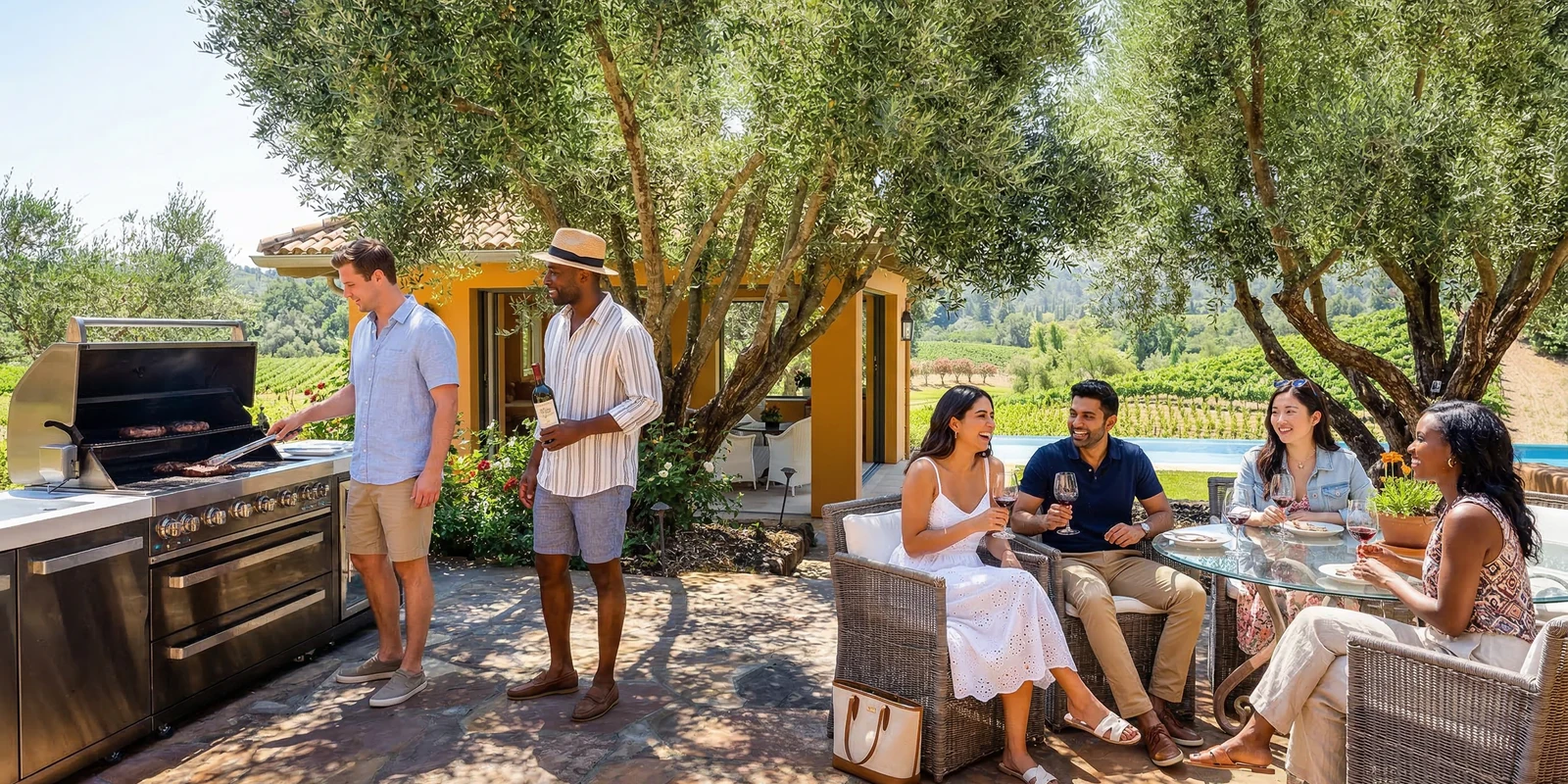An AI visualization of friends cooking and sharing wine beneath olive trees beside a pool and vineyard