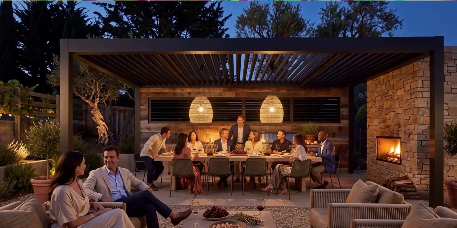 An AI visualization of guests gathered beneath a timber pergola beside an outdoor fireplace at night